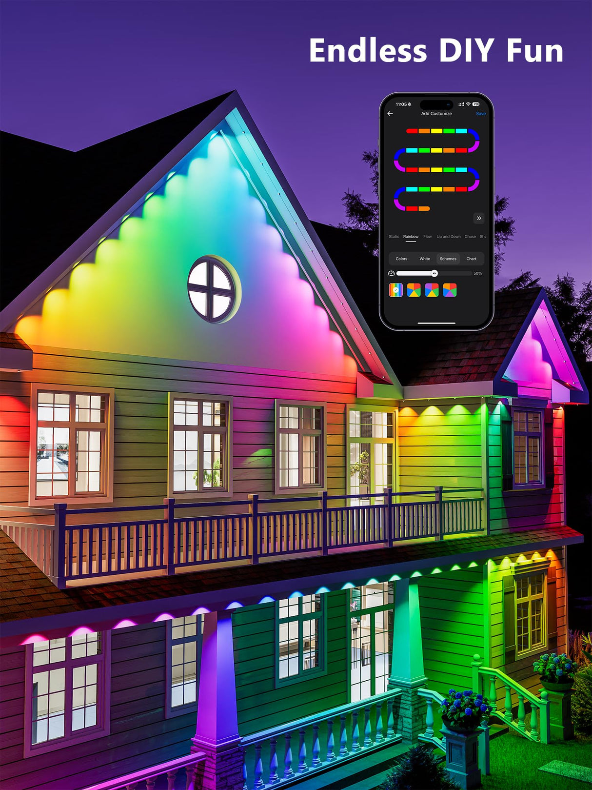 BrizLabs Permanent Outdoor Lights, 100ft 60 LED RGBCW Smart Christmas House Lights with 200+ Custom Scene-Color Effects, Waterproof Eave Light for Christmas, Halloween, Alexa, Google Assistant Enabled BrizLabs