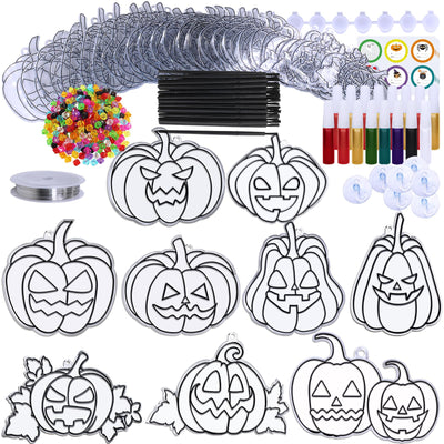 Winlyn 27 Sets Halloween Pumpkin Suncatchers Ornaments Decorations DIY Window Paint Art Suncatchers Craft Kits Jack-O'-Lantern Sun Catchers for Kids Classroom Activities Fall Halloween Art Project