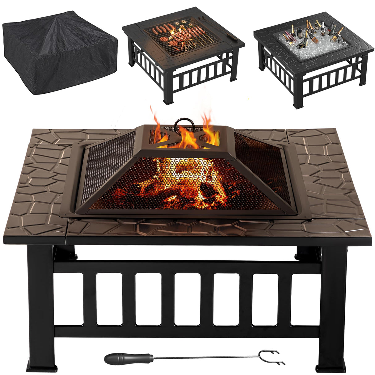 Flamaker Outdoor Fire Pit 32 Inch Patio Square Metal Firepit with Cover Poker & Grate Wood Burning Fireplace Backyard Stove for Outside Heating Camping Flamaker