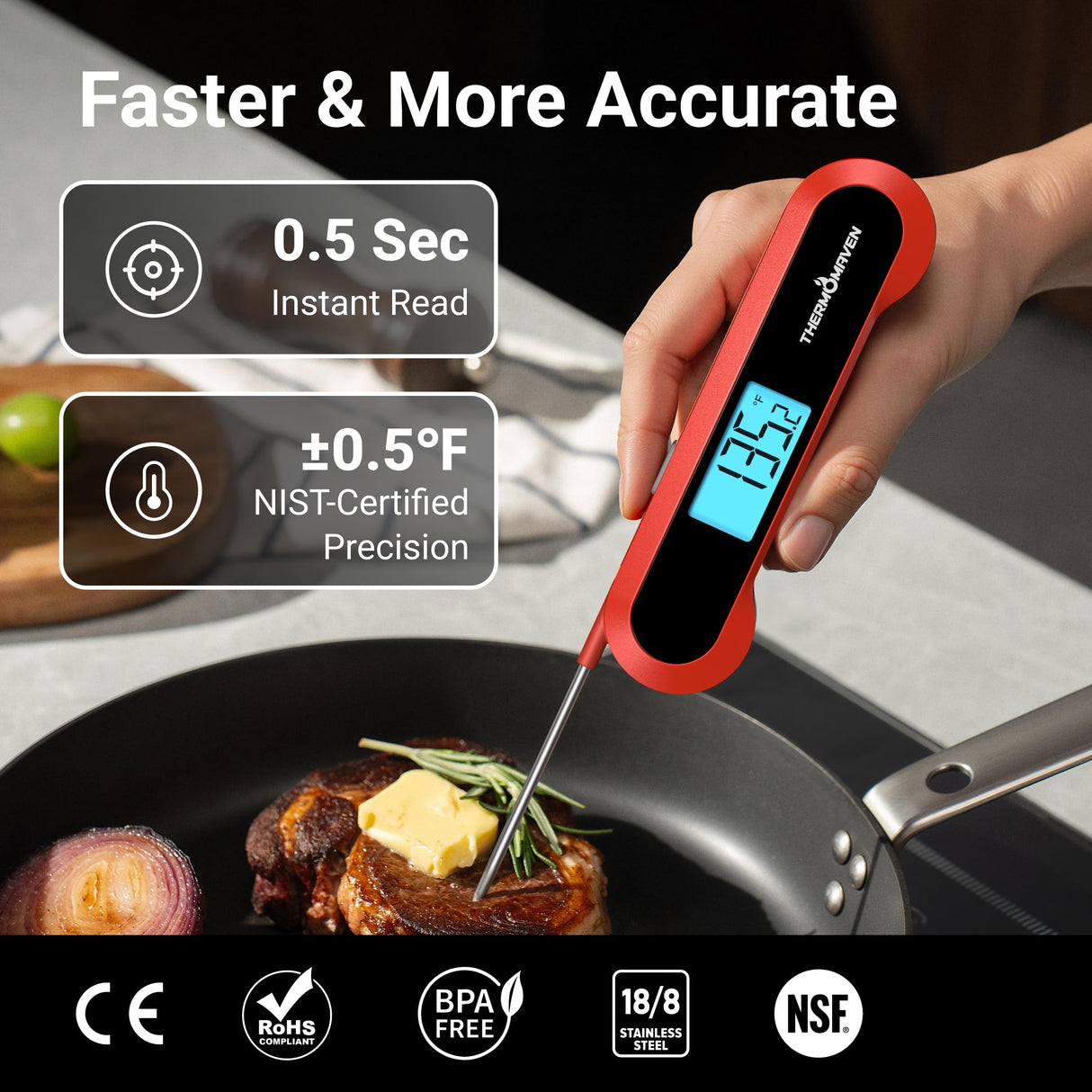 Professional 0.5 Sec Instant-Read-Meat-Thermometer-Digital, NIST Certified ยฑ0.5โ Accuracy, Auto Rotate Large LCD Display, 100% Waterproof Cooking Thermometer for Grill BBQ Smoker Oven Candy, Red ThermoMaven