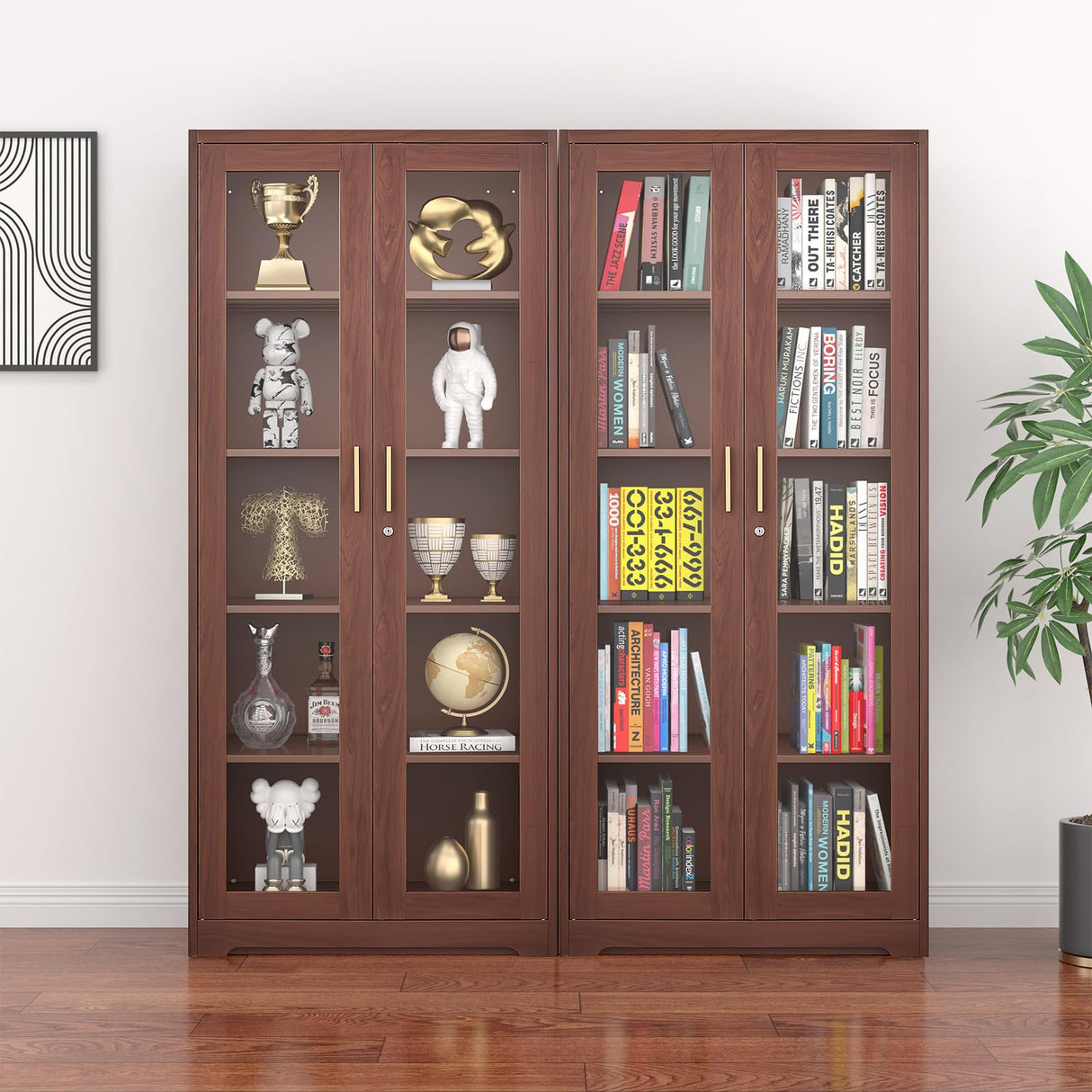 Glass Display Cabinet, Display Case with Glass Doors and Shelves, Metal Curio Cabinets with Locking, 71" Tall Bookcase with Glass Doors for Home, School, Clinic (Wood Color)- Assemble Required Polup