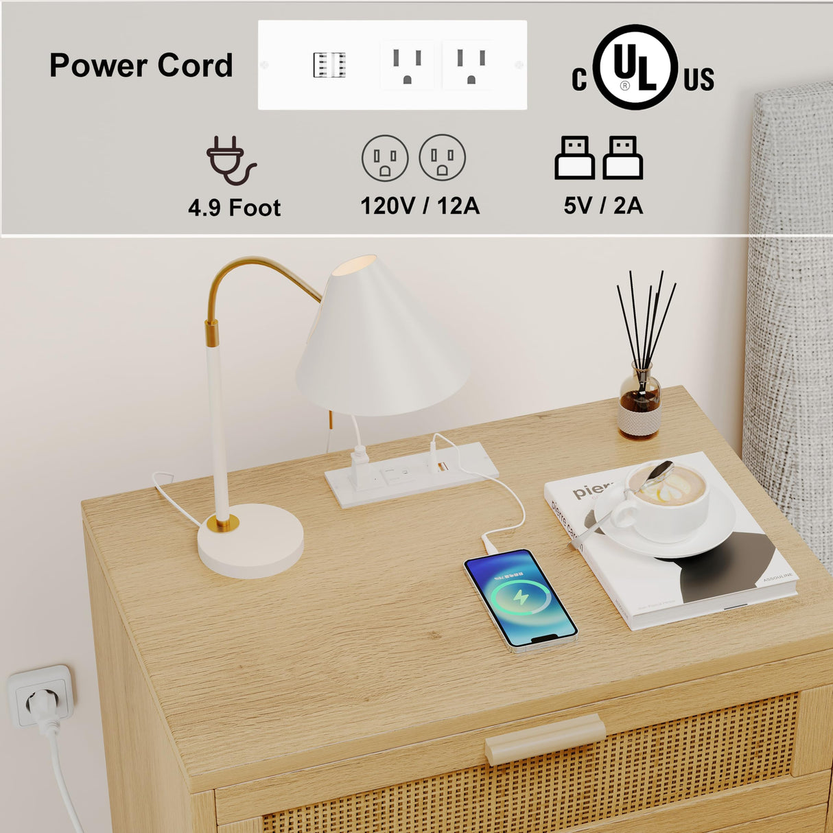 Rovaurx Rattan Nightstand with Charging Station, Night Stand with 3 Drawers, 28.5 Inch Bedside End Table for Bedroom, Side Table with USB Ports and Outlets, Boho Style, Natural RCTG110ME Rovaurx