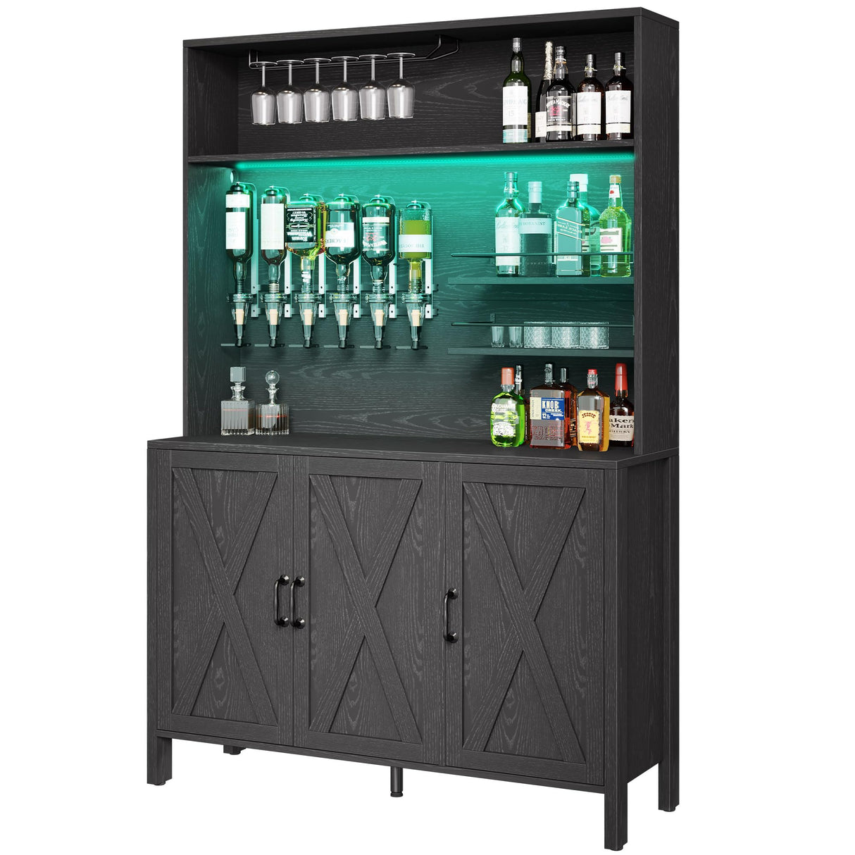 DWVO Tall Liquor Cabinets with LED Light, 71" Wine Liquor Bar Cabinet w/ 6-Bottle Liquor Dispenser & Wine Rack, Farmhouse Kitchen Cabinet for Dining Room, Black DWVO