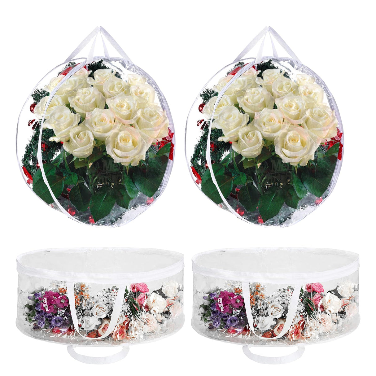 4 PCS Clear Wreath Storage Bag, 24x8 Inch Christmas Wreath Storage Container, Heavy Duty PVC Wreath Protector with Handle for Xmas Holiday Seasonal Wreath Garland (White) SENENQU