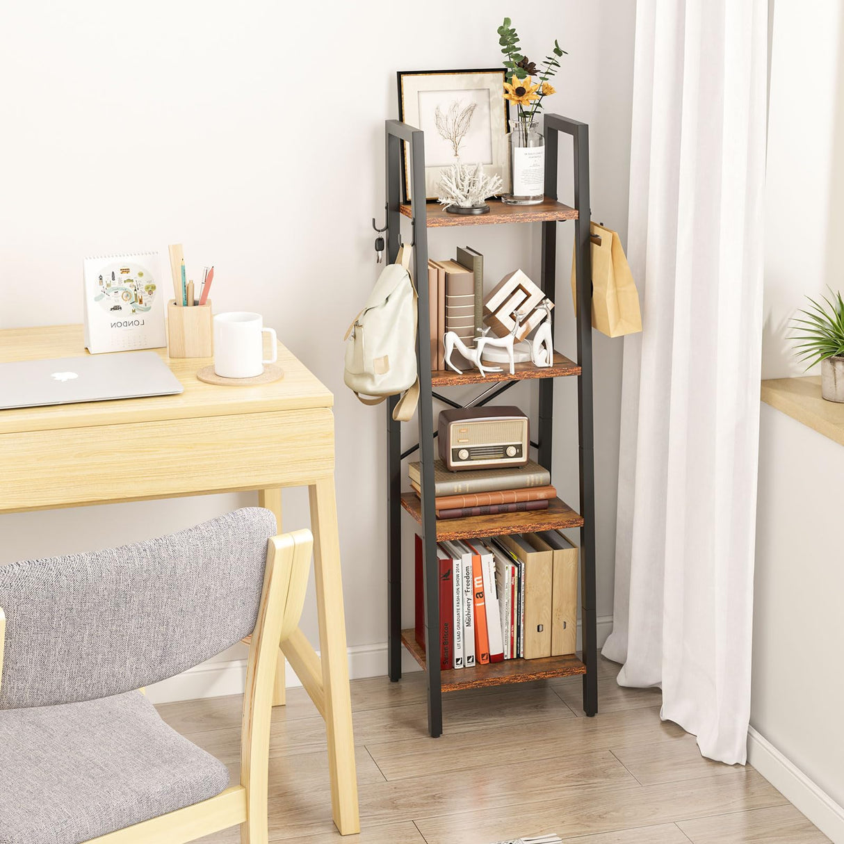 YMYNY 4 Tiers Ladder Bookcase, Industrial Narrow Bookshelf, Open Display Rack with 4 S Hooks, Metal Storage Shelves for Bedroom, Home Office, Living Room, Rustic Brown, 49.2H*13.4L*11.8W, UHBC024H YMYNY