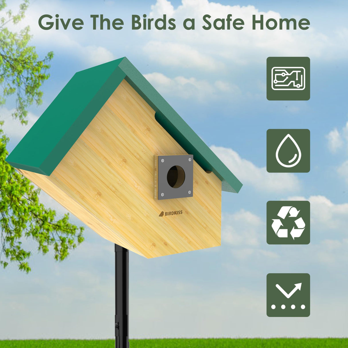 Birdkiss Smart Bird Houses for Outside Solar Powered, 1080P HD Live View Birdhouse with Camera, Perfect Viewing Bird Nesting and Hatching, Ideal Outdoors Bird House for Blue Bird and Cardinal (Green) Birdkiss