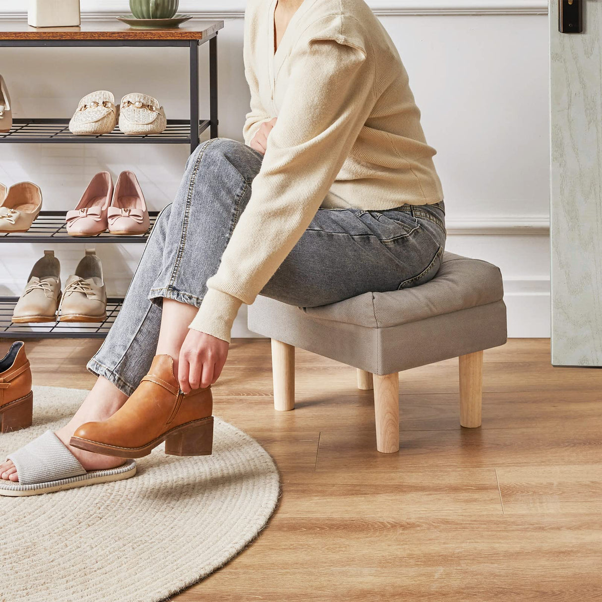 YMYNY 15.75" Small Footstool Ottoman, Footrest with Sponge Padded Seat, Step Stool for Sofa, Bedroom, Living Room, Entryway, Modern Change Shoes Stool, Wood Legs, Gray, UHBD023G YMYNY