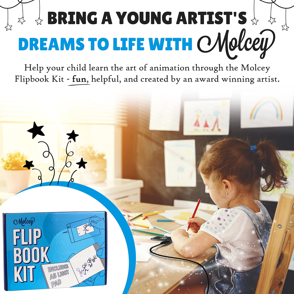 Molcey Flip Book Kit with LED Light Pad. Includes Flipbook Kit Starter Animation, 240 Sheets Blank Animation Paper and Instructions for Making Flip Books, LED Light Pad. for Kids 9-12 6-8 Molcey