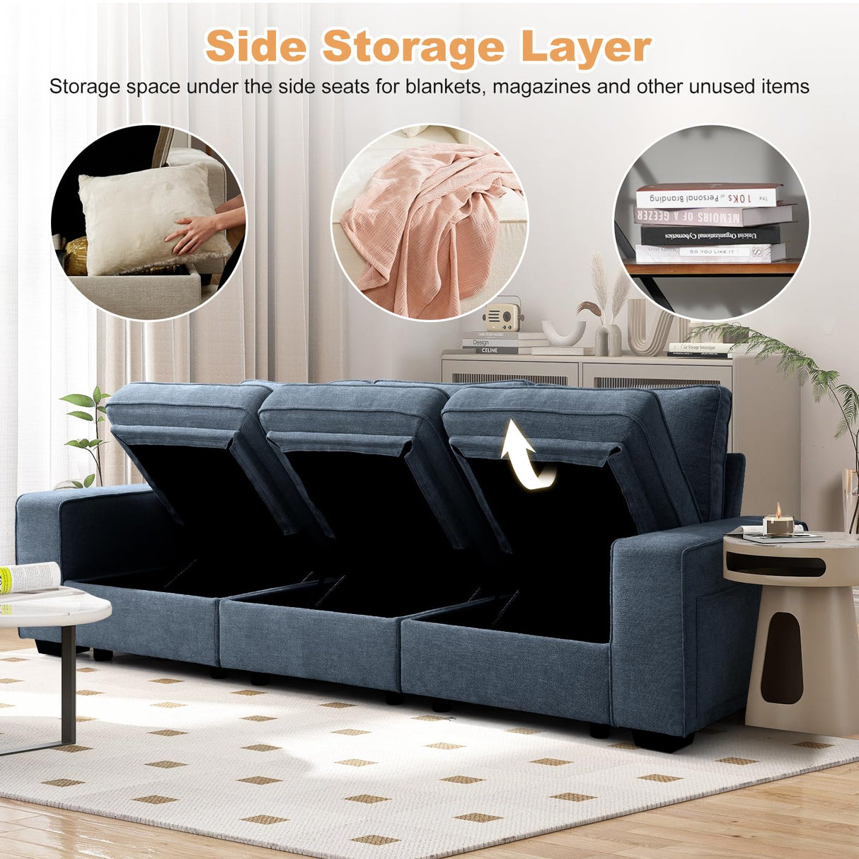 COOSLEEP 100" Sofa with Seats Storage, Comfy 3-Seater Chenille Fabric Couch for Living Room, Office, Apart W/Deep Seat, USB Charging, Upholstered Couch with Removable Cover, (Blue) COOSLEEP HOME