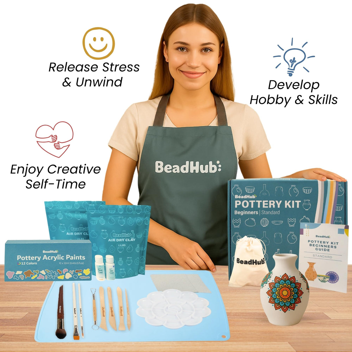 Pottery Kit for Beginners 2.2Lbs Air Dry Clay for Adults with Sculpting Tools, Paint, Glaze, Air-Dry Modeling Clay Molding, Sculpt & Painting Set, Hobby Date Night DIY Art Craft Kits -Standard (White) BeadHub