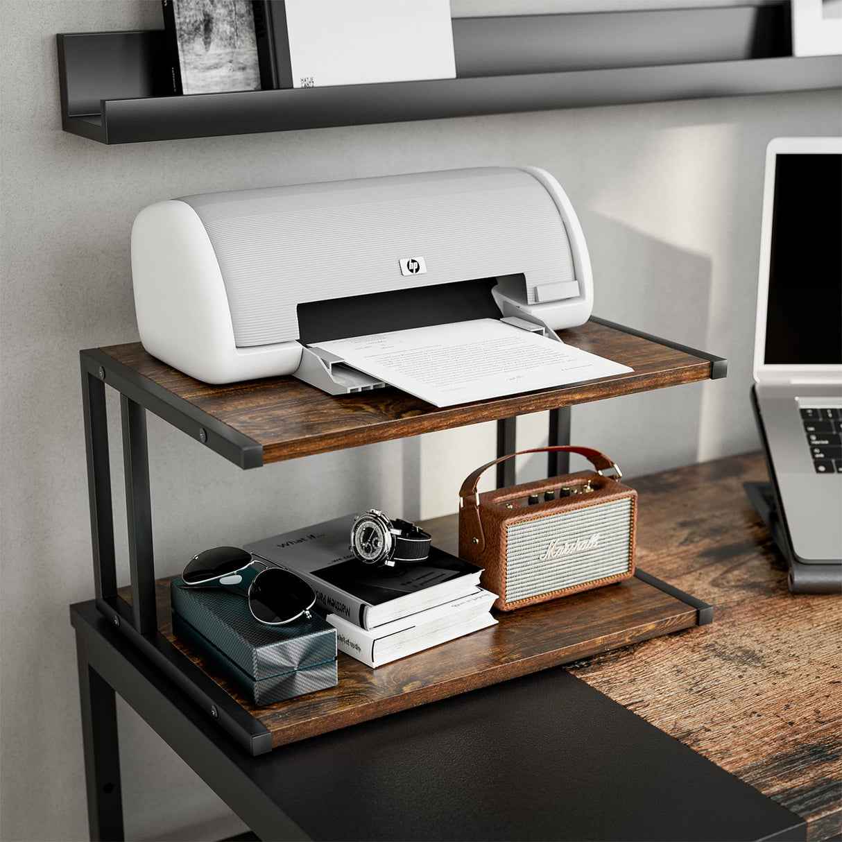 XBurmo Printer Stand with 2 Tier Wood Shelves Desktop Organizer for Small Space Fax Machine Shelf Stand Books Trays Under Desk Shelf with Adjustable Anti-Skid Feet Vintage Brown XBurmo