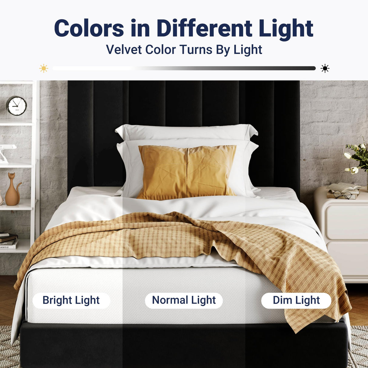 Allewie Twin Bed Frame/Velvet Upholstered Bed Frame with Vertical Channel Tufted Headboard/Strong Wooden Slats/Platform Bed Frame/Mattress Foundation/Box Spring Optional/Easy Assembly/Black Allewie