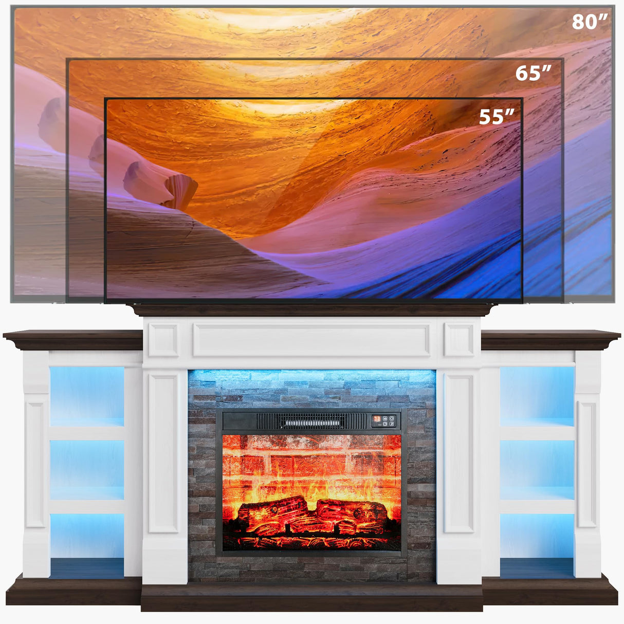 70" Electric Fireplace with Mantel, LED Fireplace TV Stand for TVs Up to 80 Inch, Farmhouse Entertainment Center with Storage, Realistic Stacked Stone Surround with Remote Control for Living Room LGHM