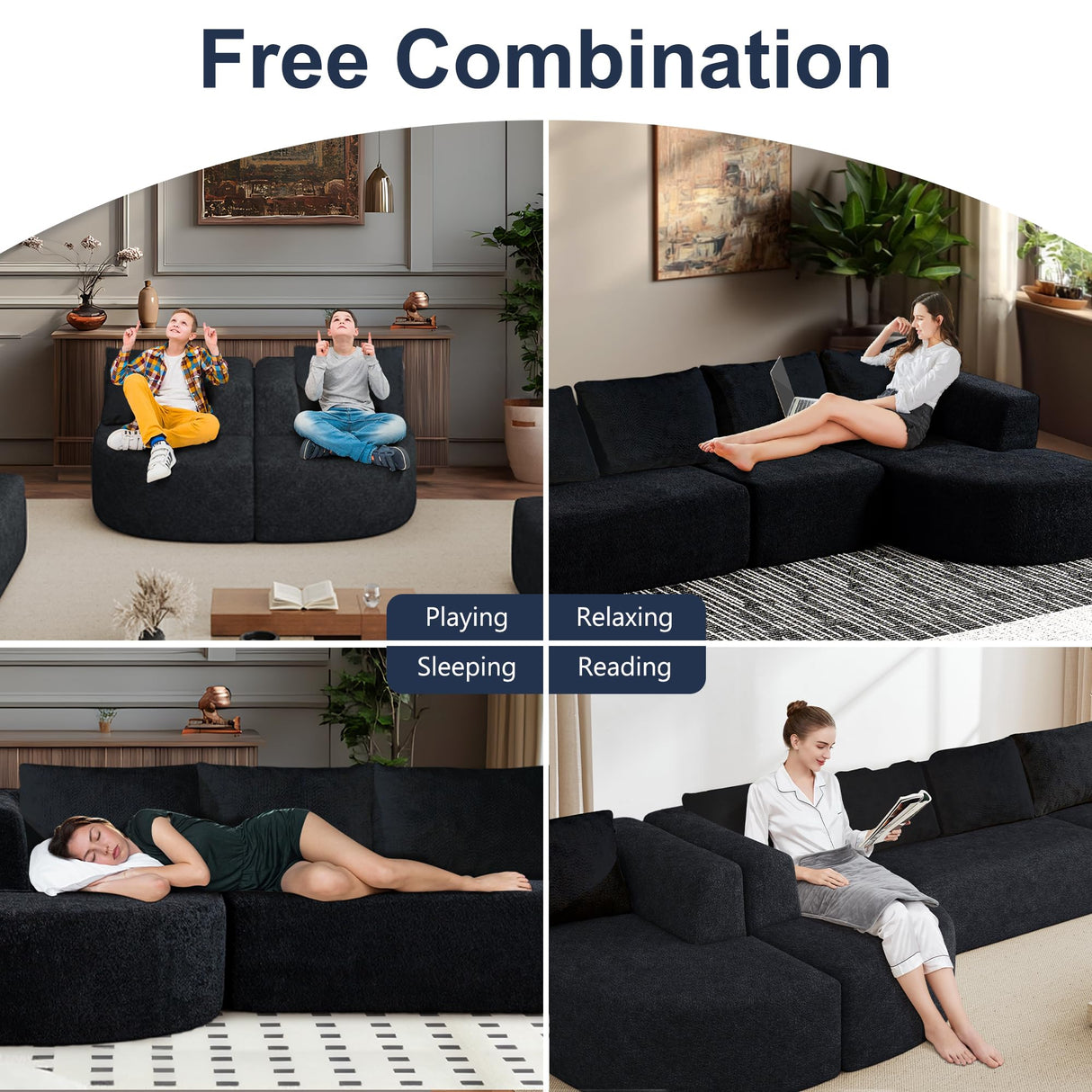 144" Oversized Sectional Couches for Living Room, Modern Luxury Chenille 5-Seater Sofa, Deep Seat Curved Cloud Couch, Modular Sofa with Chaise Lounges & 5 Pillows, No Assembly Required (Black) IZLKQC