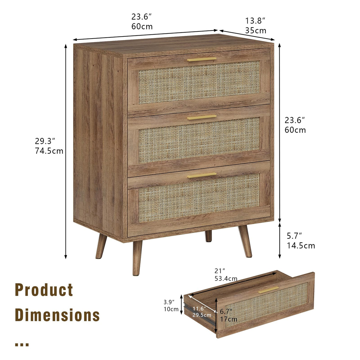 Trironsun 3 Drawer Dresser for Bedroom Rattan Dresser Chest of Drawers with Spacious Storage Boho Clothes Storage Nightstand for Living Room Trironsun