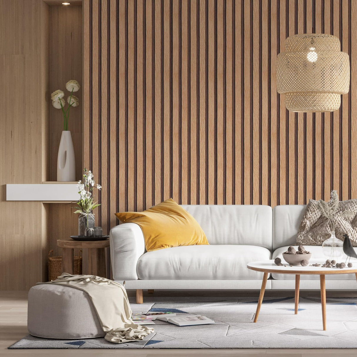Yun-aeon Natural Wood Peel and Stick Wallpaper Wood Slats - 17.3"x 160" Tan Self-Adhesive Waterproof Vinyl Removable Wall Paper for Wall Decor Bedroom Yun-aeon