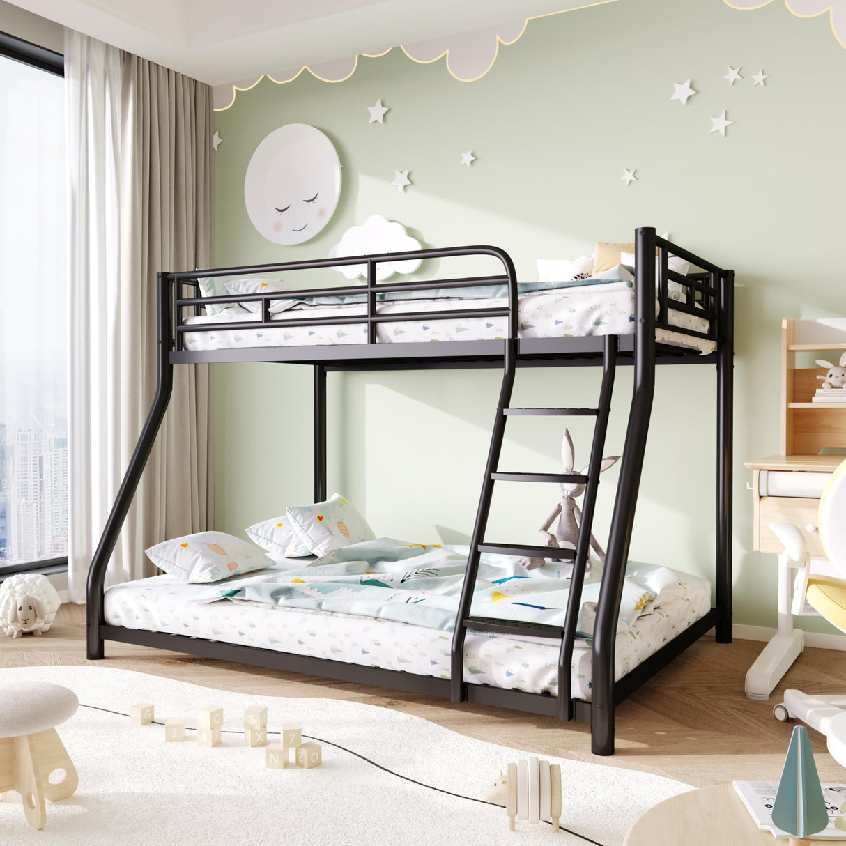 Metal Twin Over Full Bunk Bed,Bunk Beds Twin Over Full Size with Removable Wide Ladder and Full-Length Guardrail,Low Full BunkBeds Frame Heavy Duty steel Slat Support For Adults Kids and Young Teens erosoei