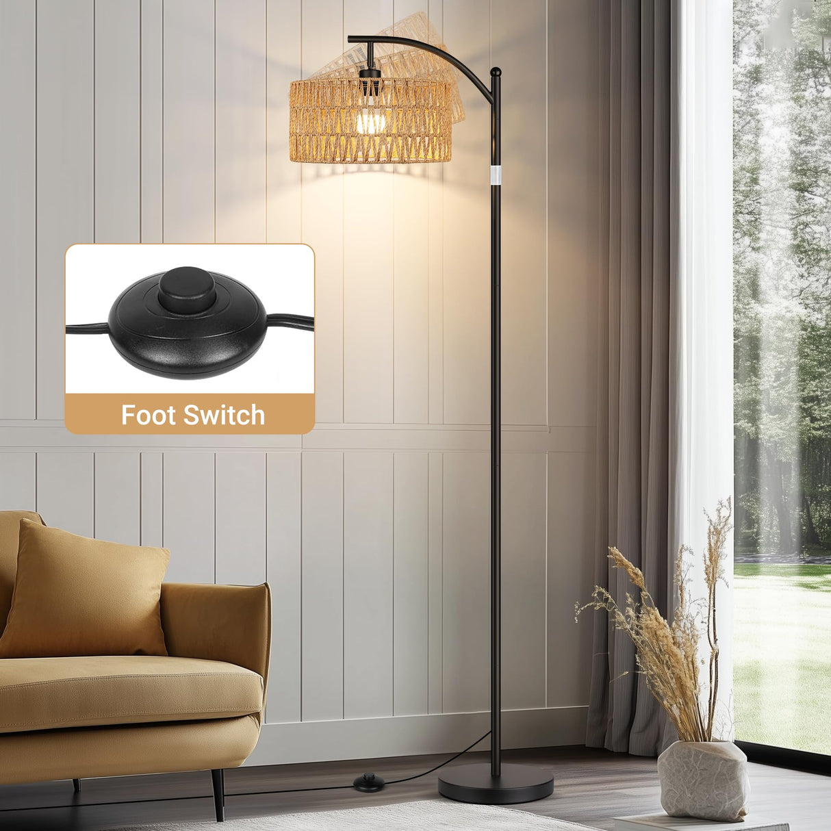 ROTTOGOON Rattan Floor Lamps for Living Room, Boho Standing Lamps with Rattan Shade, Arc Lamps Floor Standing with 9W Bulb, Foot Switch, Black Bohemian Floor Lamps for Bedroom, Office-Drum ROTTOGOON