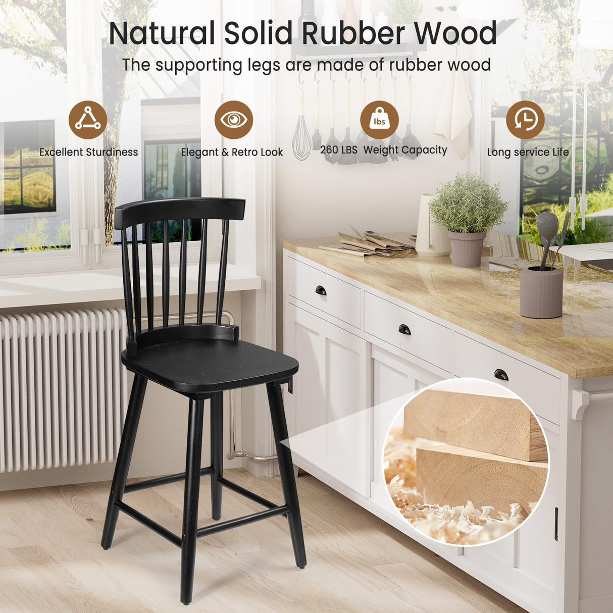 Unovivy 24" Windsor Wooden Bar Stools Set of 4, Farmhouse Counter Height Barstool with Spindle Back, Widen Seat, Modern Mid-Century Country Style, for Kitchen Island Dining Room, Black Unovivy