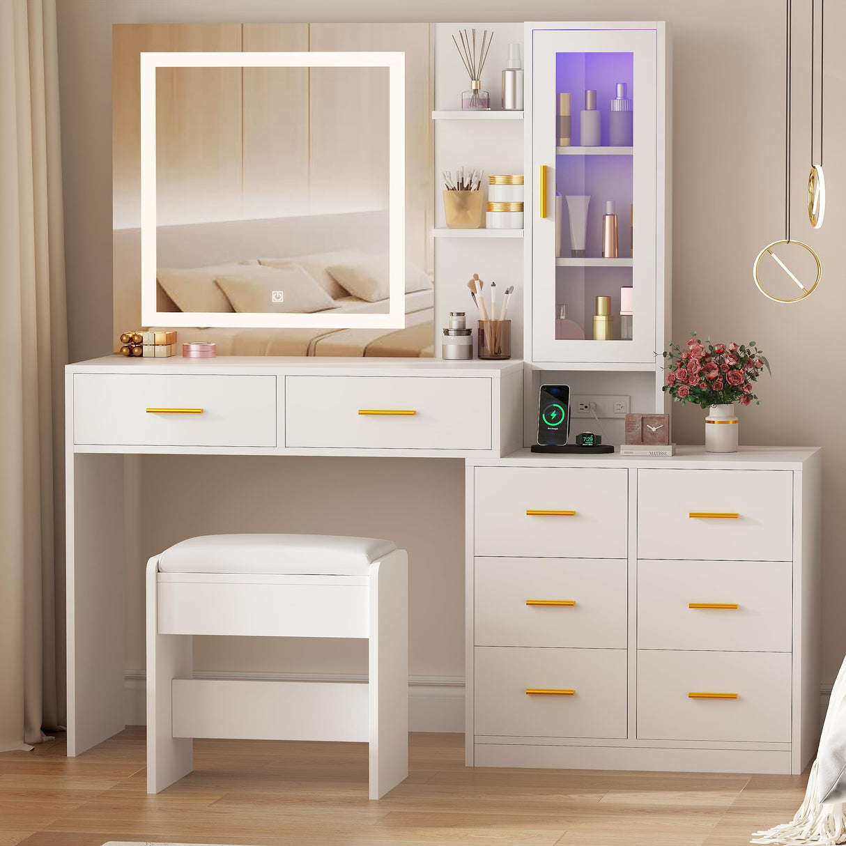 ANWBROAD 51.8" Makeup Vanity Desk with Mirror and Lights White Vanity Table with RGB Cabinets 8 Drawers Power Outlet Large Dresser Dressing Table with Storage Shelves Stool for Bedroom Girls UBDT77W ANWBROAD