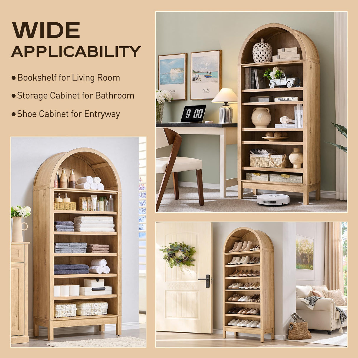 IFGET 71" Tall Arched Bookshelf, 7 Tiers Arch Bookcase with Storage, Modern Farmhouse Book Shelf with Adjustable Shelves, Wood Bookshelf w/Open Display Shelves for Living Room, Office (Natural) IFGET