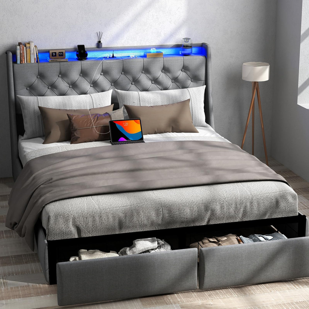 UINTAI Full Size Bed Frame with 2 Storage Drawers and LED Lights, Upholstered Platform Full Bed with Button Tufted Headboard and Charging Station, No Box Spring Needed, Easy Assembly, Gray UINTAI