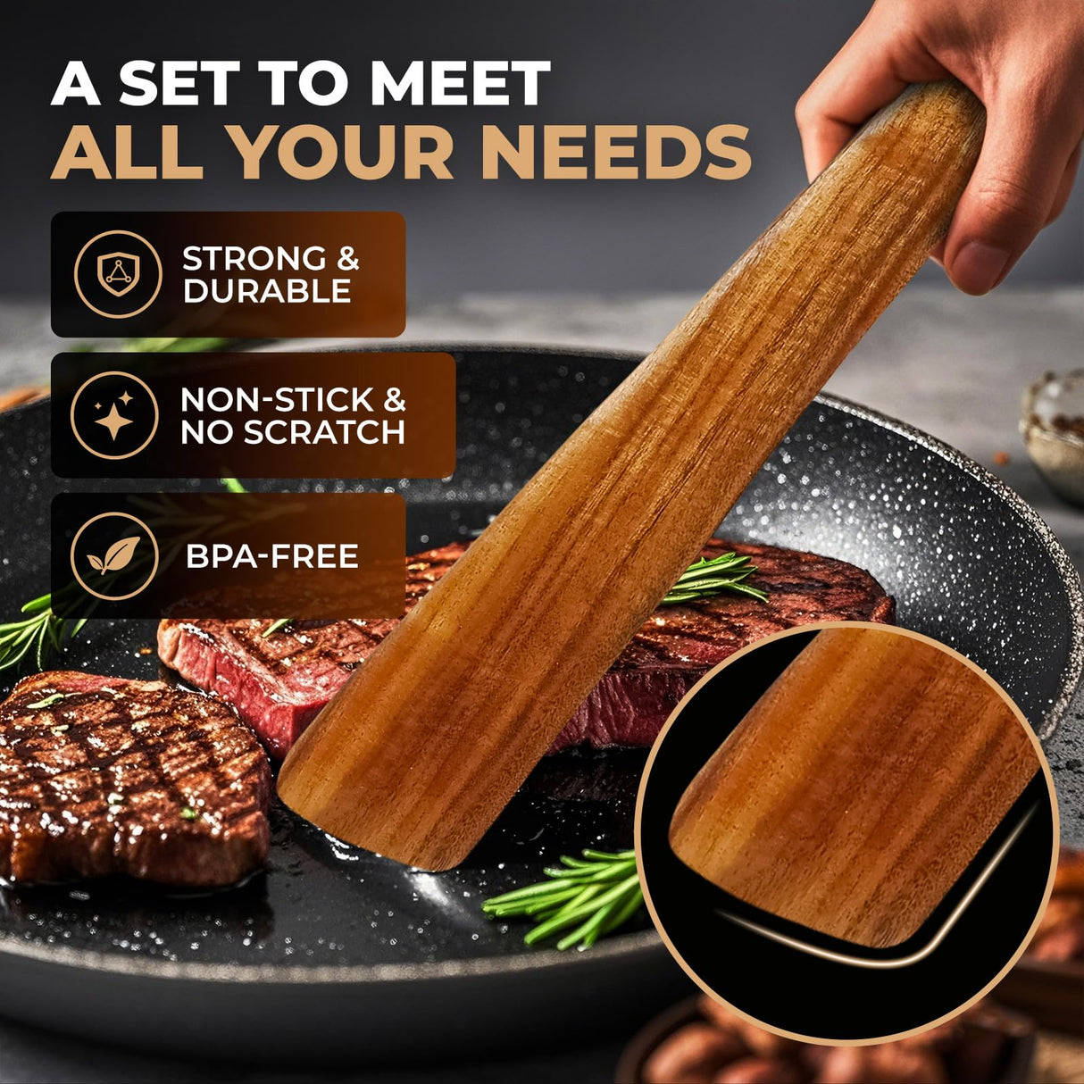 Handmade Wooden Cooking Utensils, Premium Natural Teak Wood Turner Set for Any Cookware, Long Handle Nonstick Spatula for Kitchen Use, Set of 4 AIUHI