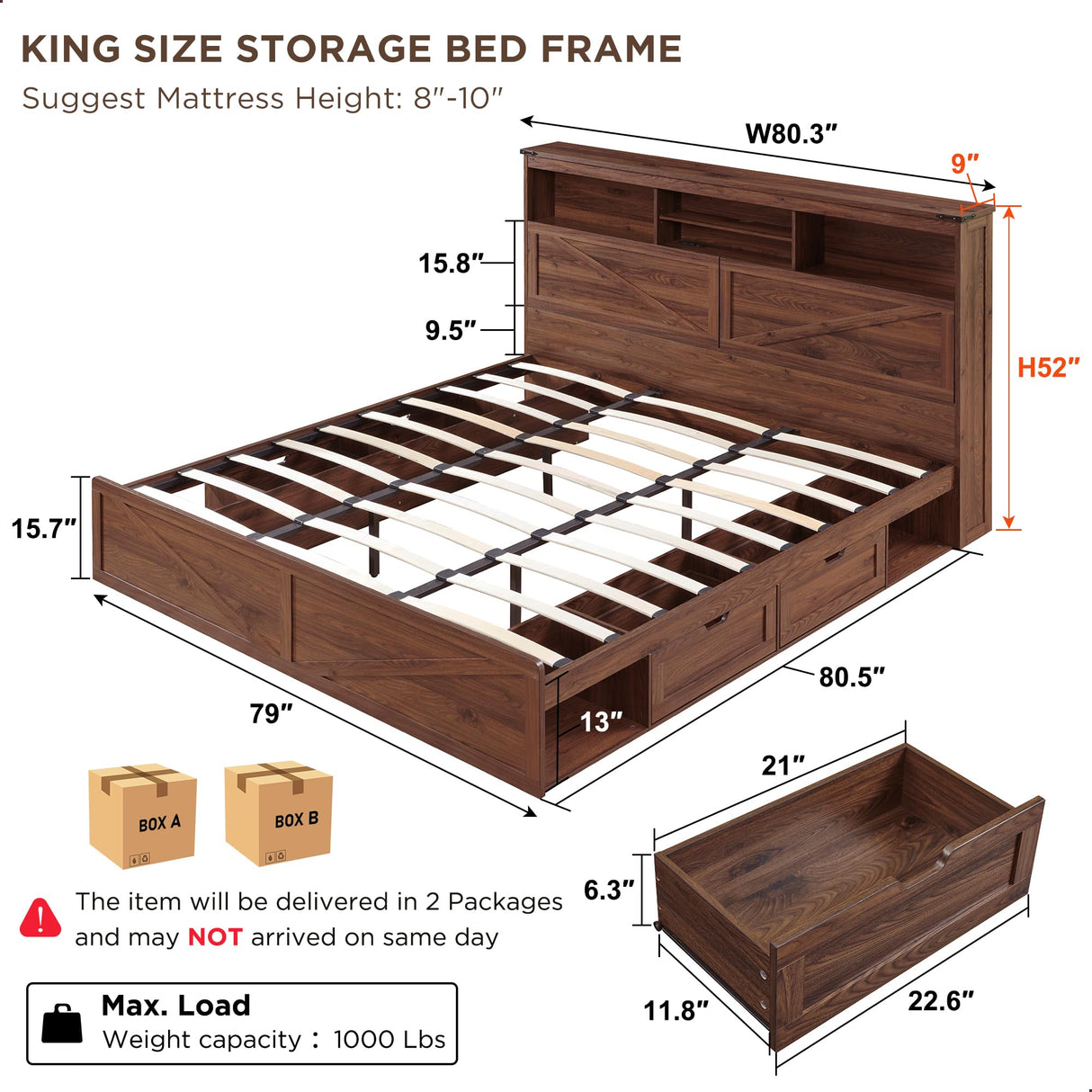 ACCOHOHO Farmhouse King Size Wood Bed Frame with 52" Tall Storage Headboard and 4 Drawers,LED Light,Charging Station,Solid Wood Slats Support,Noiseless,No Box Spring Needed,Brown ACCOHOHO