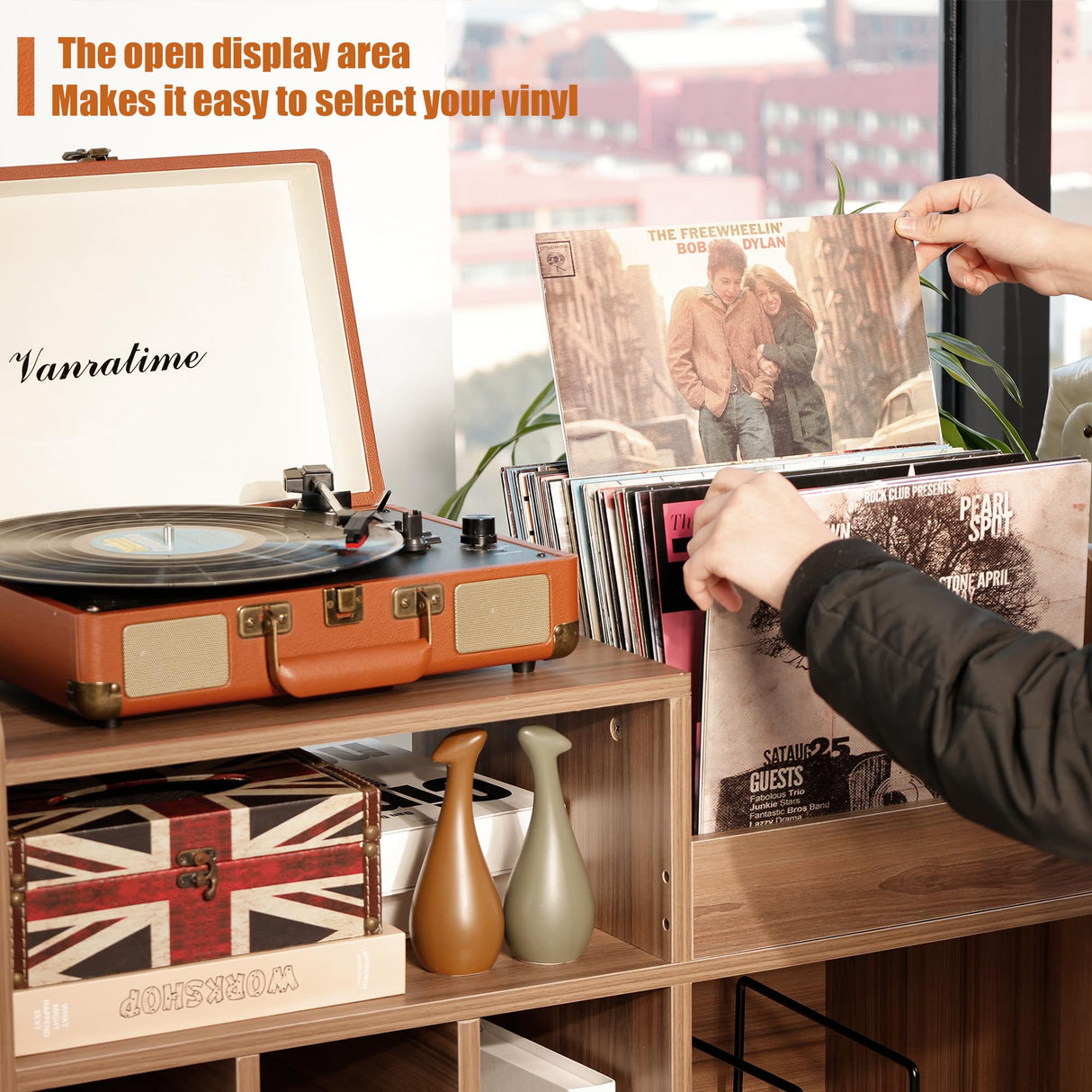 UODERS Record Player Stand, Large Record Player Table Cabinet with Open Vinyl Storage and Display Shelf Holds up to 350 Albums, Mid Century Wood Turntable for Living Room, Bedroom (Walnut) UODERS