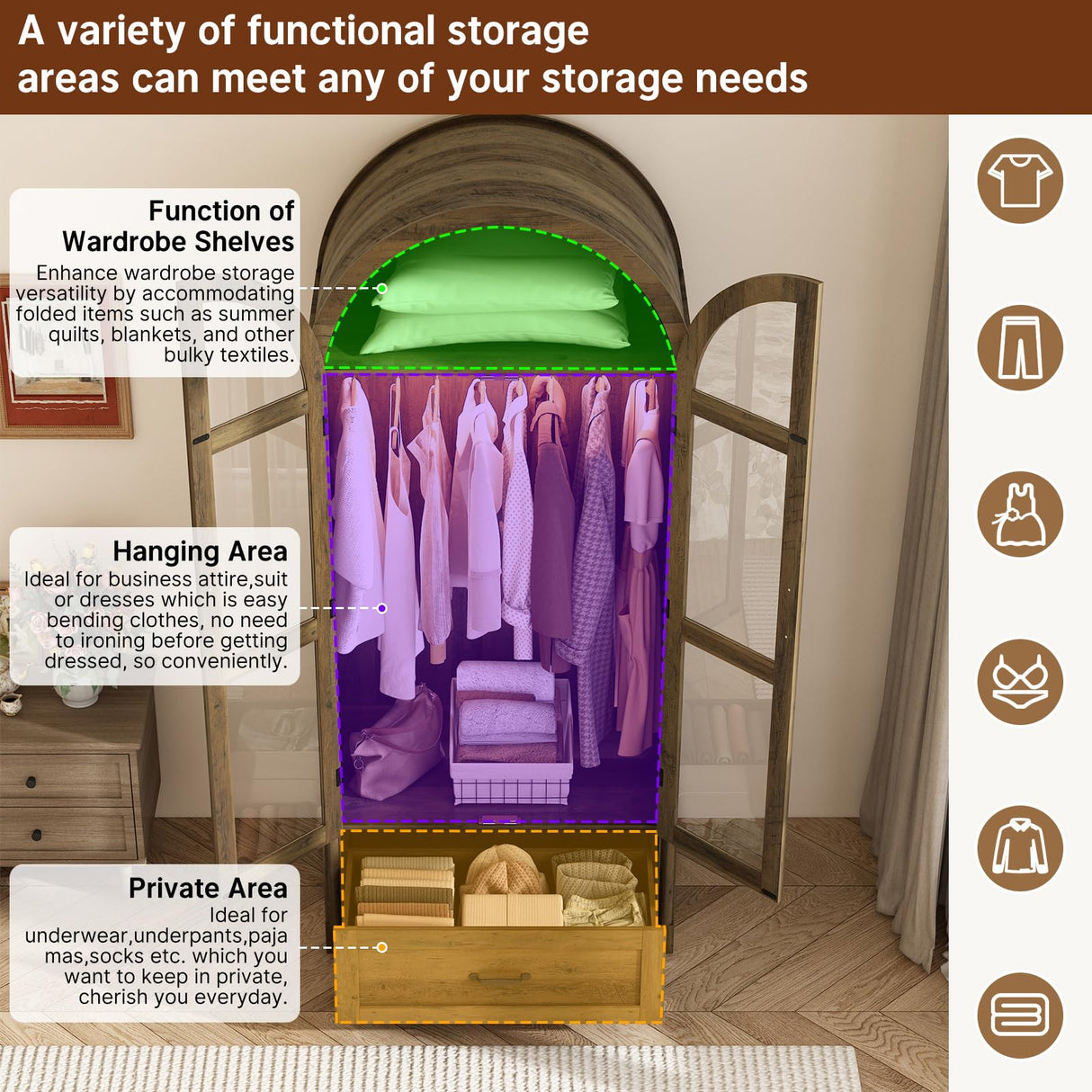 chartustriable 2 Doors Arched Armoire Wardrobe Closet w/Drawers,LED Light,Wooden Closet Wardrobe Cabinet with Hanging Rod for Bedroom,Modern Armoire Storage Cabinet w/Shelf,Rustic Oak chartustriable