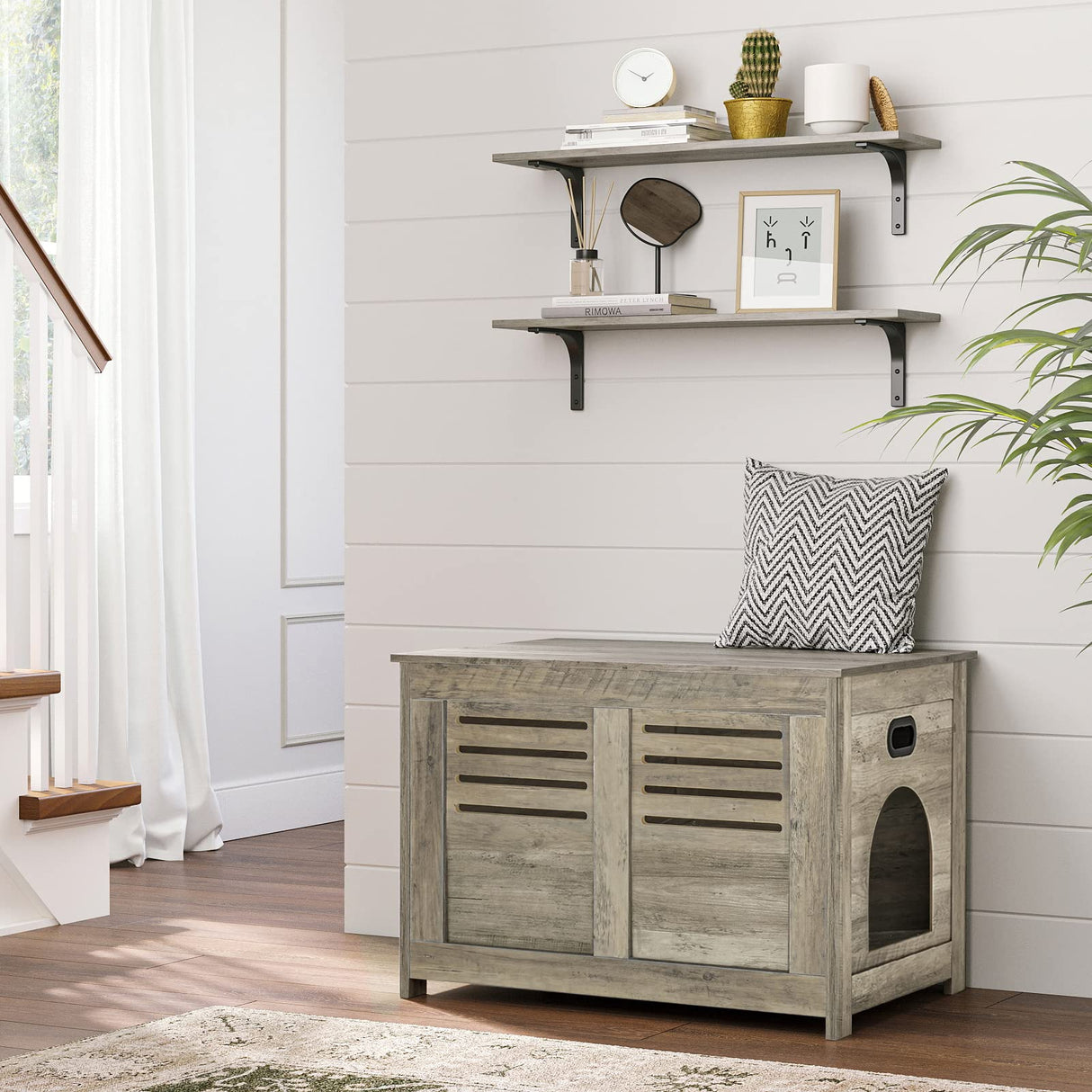 DINZI LVJ Litter Box Enclosure, Flip-Top Enclosed Litter Box, Hidden Cat Washroom with Good Ventilation, Entrance Can Be on Left or Right, Cat House Furniture for Most of Cat and Litter Box, Gray Wash DINZI LVJ