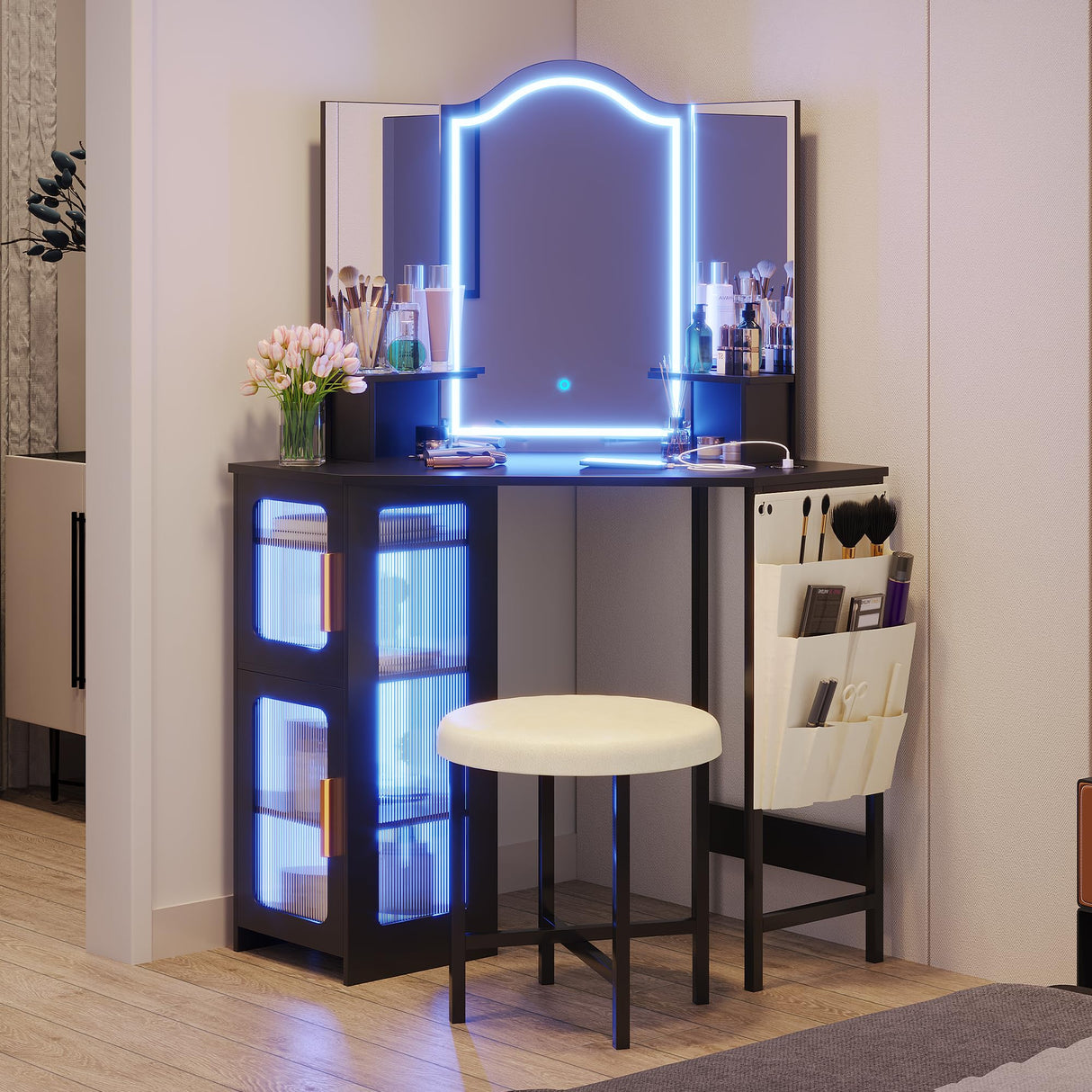 LVSOMT Corner Vanity Desk with Mirror and Lights, Makeup Vanity with Charging Station, Dressing Table with 3 Lighting Options, Vanity Set with Stool, Women’s Vanity for Bedroom, Black LVSOMT