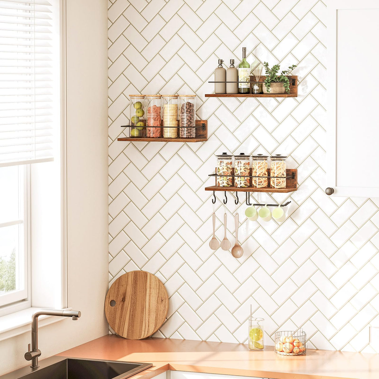 HOOBRO Wall Mounted Wine Rack 3 Pack, Wine Shelf Hanging Floating Wall Shelves, Wine Glass Bottle Rack Stemware Holder, for Living Room, Dining Room, Kitchen, Rustic Brown and Black BF33BJ01 HOOBRO