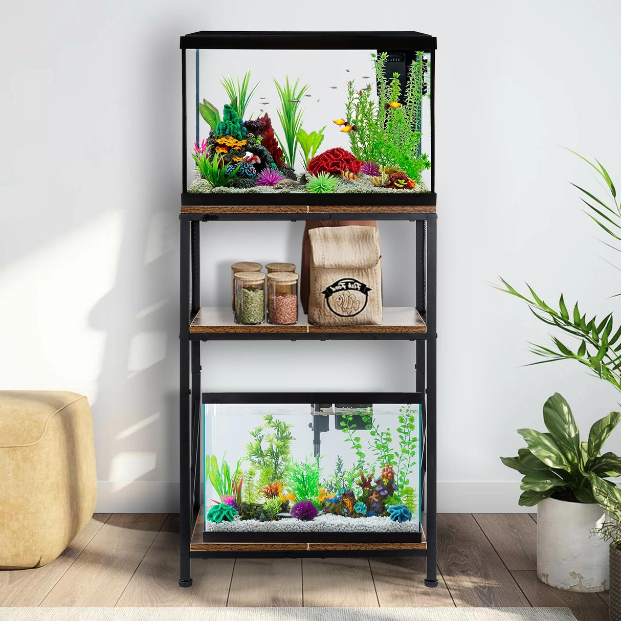 SwaaVee Aquarium Stand, 10 Gallon Fish Tank Stand with Storage, 3 Tier Metal Frame Cabinet Suitable for Fish Tank, Turtle Tank, Rustic Brown (10 Gallon) SwaaVee