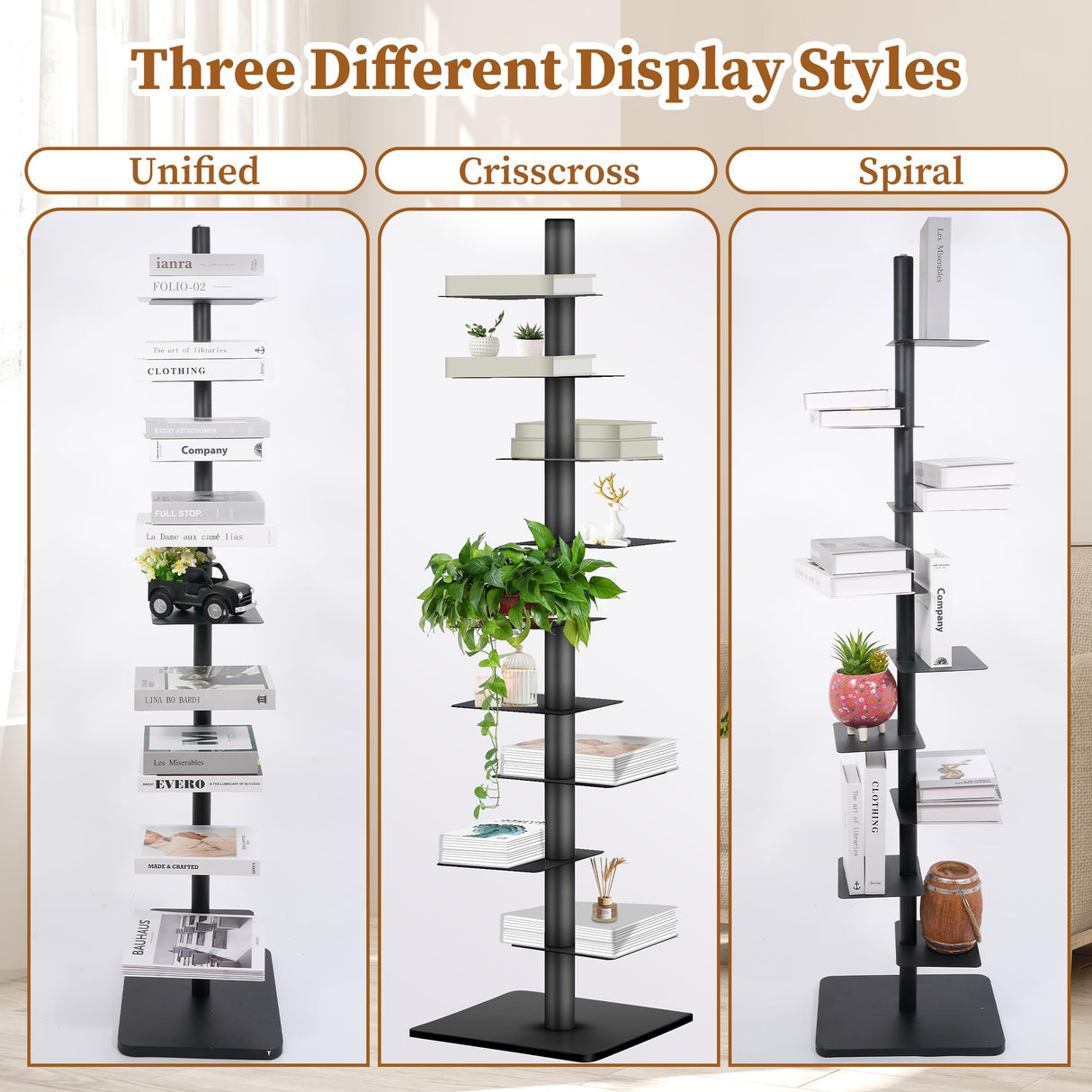 9 Tier Metal Vertical Bookshelf Tower, Freestanding Invisible Spine Bookshelf, Tall Ladder Bookcase Floating Shelf for Small Spaces, Modern Storage Corner Shelf for Living Room, Office, Bedroom Decor GENMOUS & CO.