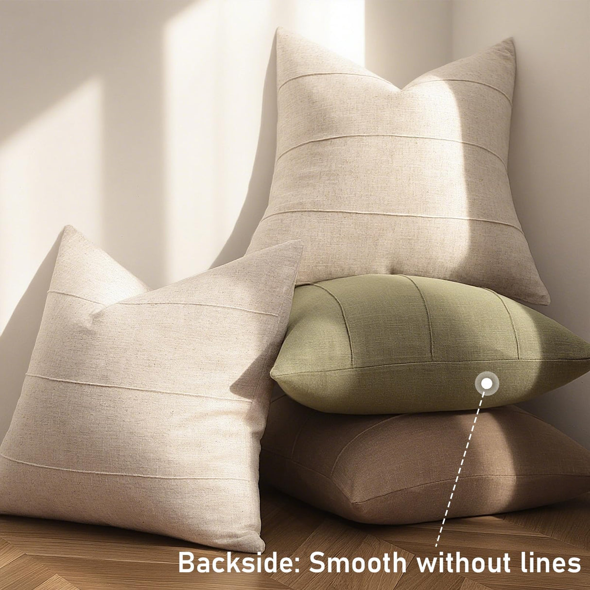 Decorative Linen Throw Pillow Covers 18x18 Set of 2 Solid handcrafted Striped Cushion Covers for Bed Soft Modern Farmhouse Neutral Pillowcase for Couch Bedroom Living Room Home Decor(Natural Beige) ZWJD