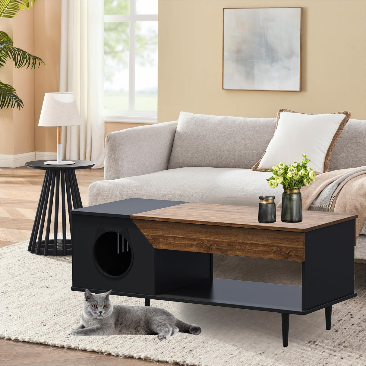 GarveeLife 45 in Black Coffee Table Cat Tables Living Room with Storage Drawer, Wooden Rustic Coffee Tables with Cat House, Hidden Kitty Food Table Litter Box Furniture Retro Color GarveeLife
