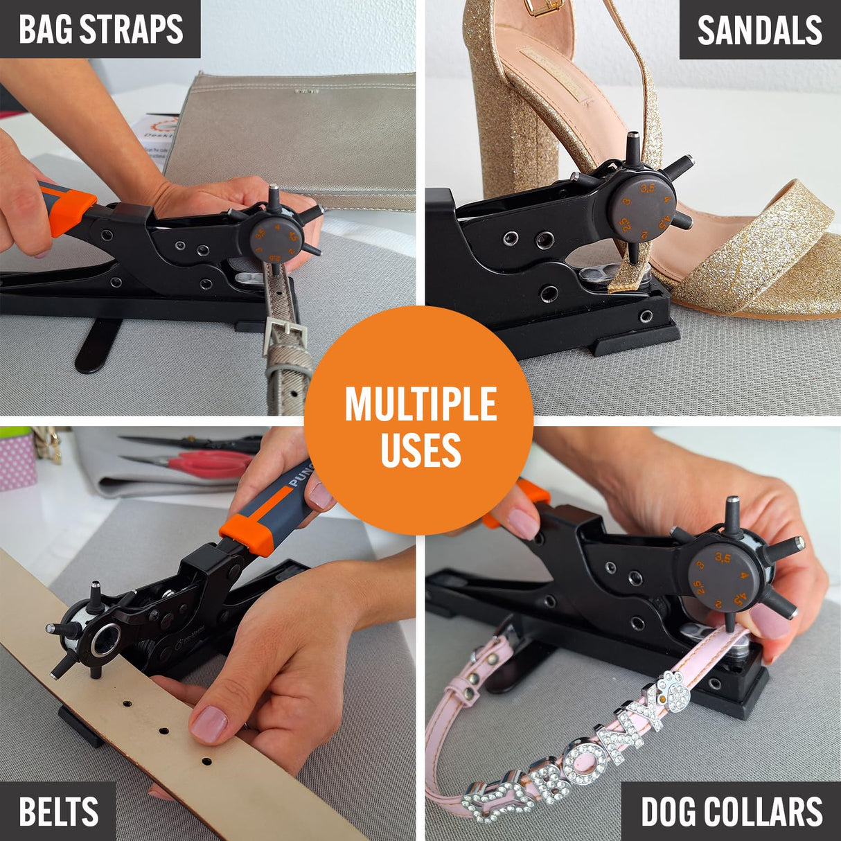 Desktop Leather Belt Hole Puncher Tool - Easier to Use Tabletop Design for Watch Band, Handbag Strap. Heavy Duty Carbon Steel, Precision 6 Sizes Hole Punch for Fabric, Crafts, Easy DIY PRO-MASTER SMART & SIMPLE