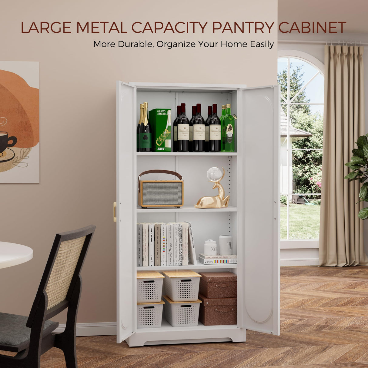 Kubohogar White Pantry Cabinet with Doors, 60" Tall Metal Pantry Cabinet with 3 Adjustable Shelves and Gold Handles, Kitchen Cupboard for Kitchen, Dining Room, Office Kubohogar