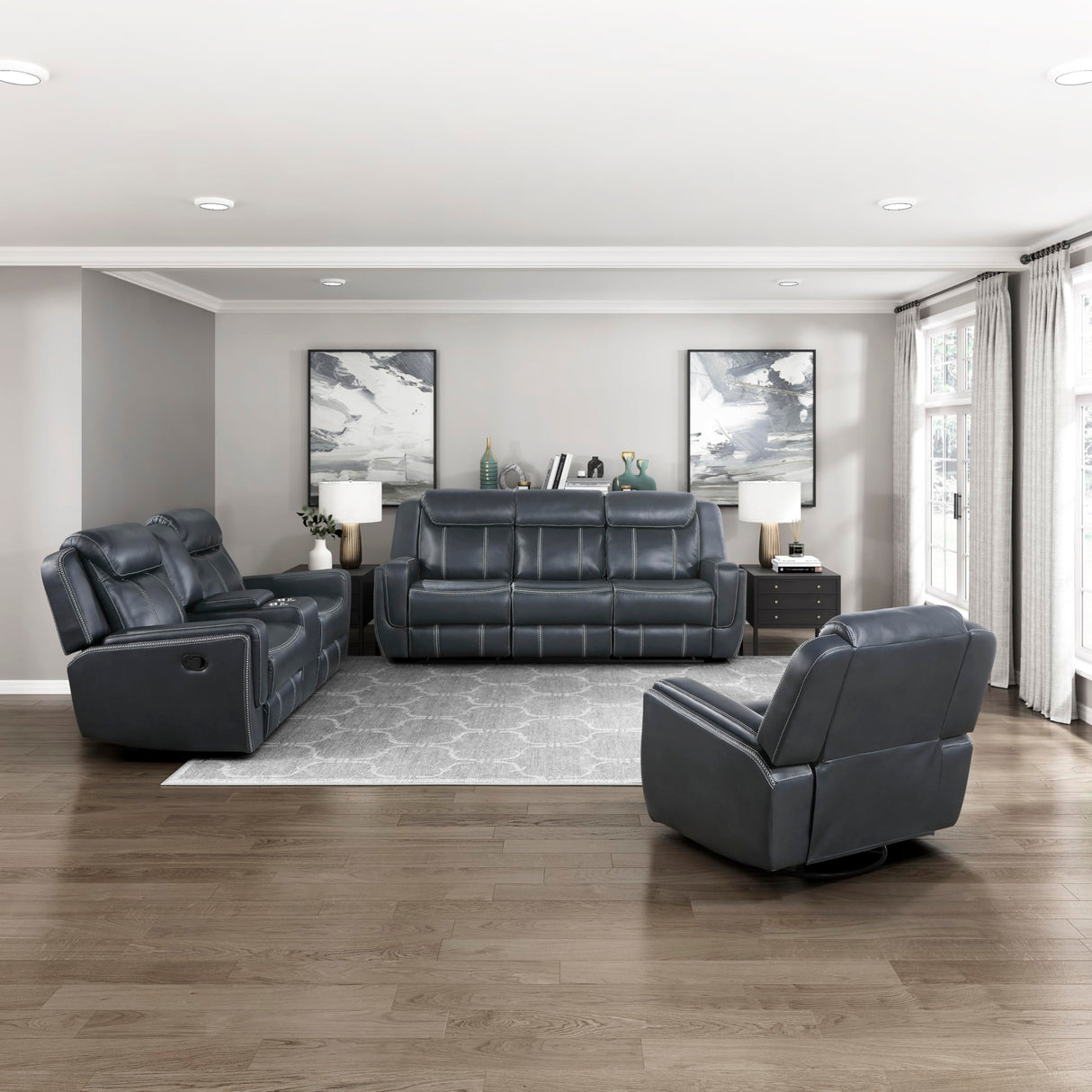 Lexicon Living Room Set - Home Theater Seating, Faux Leather Upholstery Recliner Sofas, Double Recliner, Loveseat, Swivel Glider Chair, 3-Piece Set, Blue Lexicon