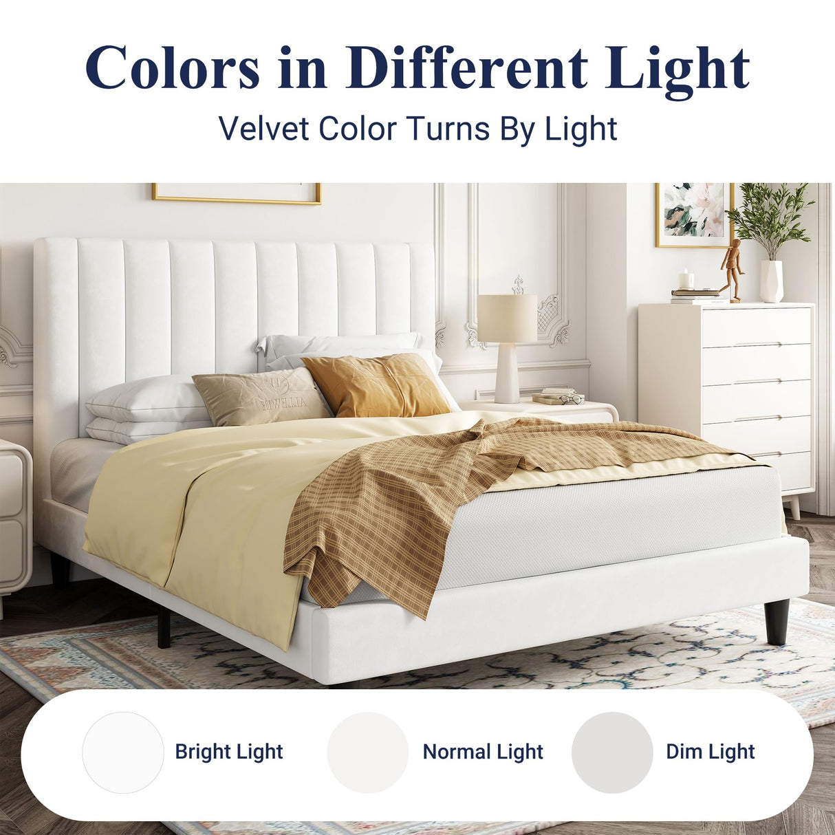 Allewie Queen Platform Bed Frame/Velvet Upholstered Bed Frame with Vertical Channel Tufted Headboard/Strong Wooden Slats/Mattress Foundation/Box Spring Optional/Easy Assembly/White Allewie