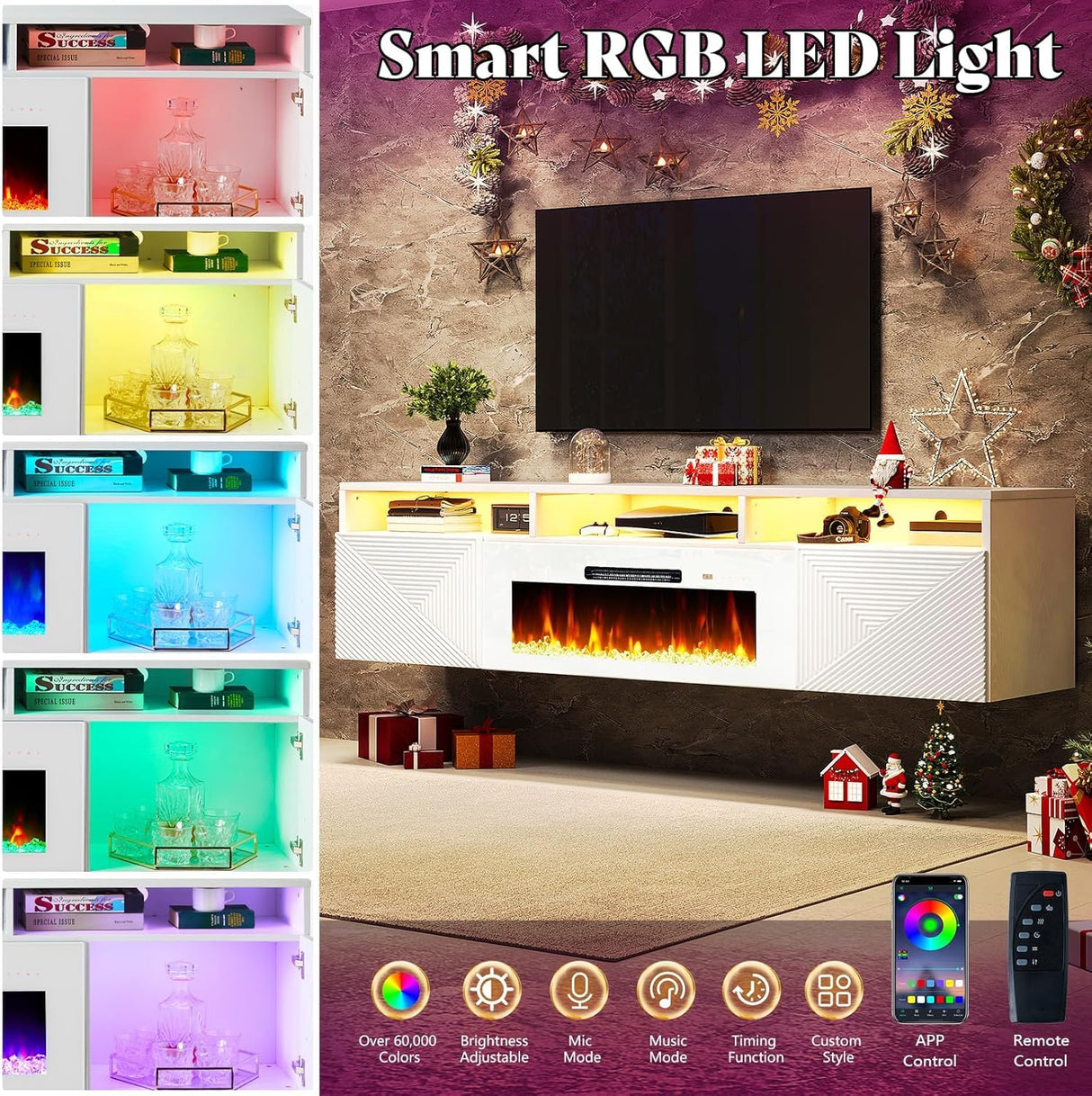 AMERLIFE 70in Floating Fireplace TV Stand with 36" Electric Fireplace and LED Lights, Wall Mounted Entertainment Center with Storage, Modern Media Console for TVs Up to 80", White AMERLIFE