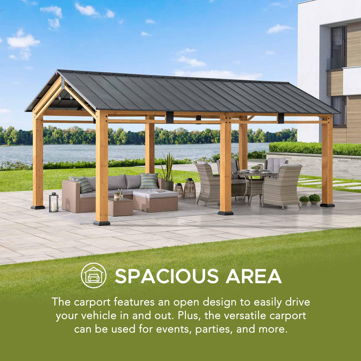 Sunjoy Carport 11 ft. x 20 ft. Standard Wood Gazebo Heavy Duty Garage, Cedar Framed Gazebo Car Shelter with Metal Roof and Movable Ceiling Hook Sunjoy