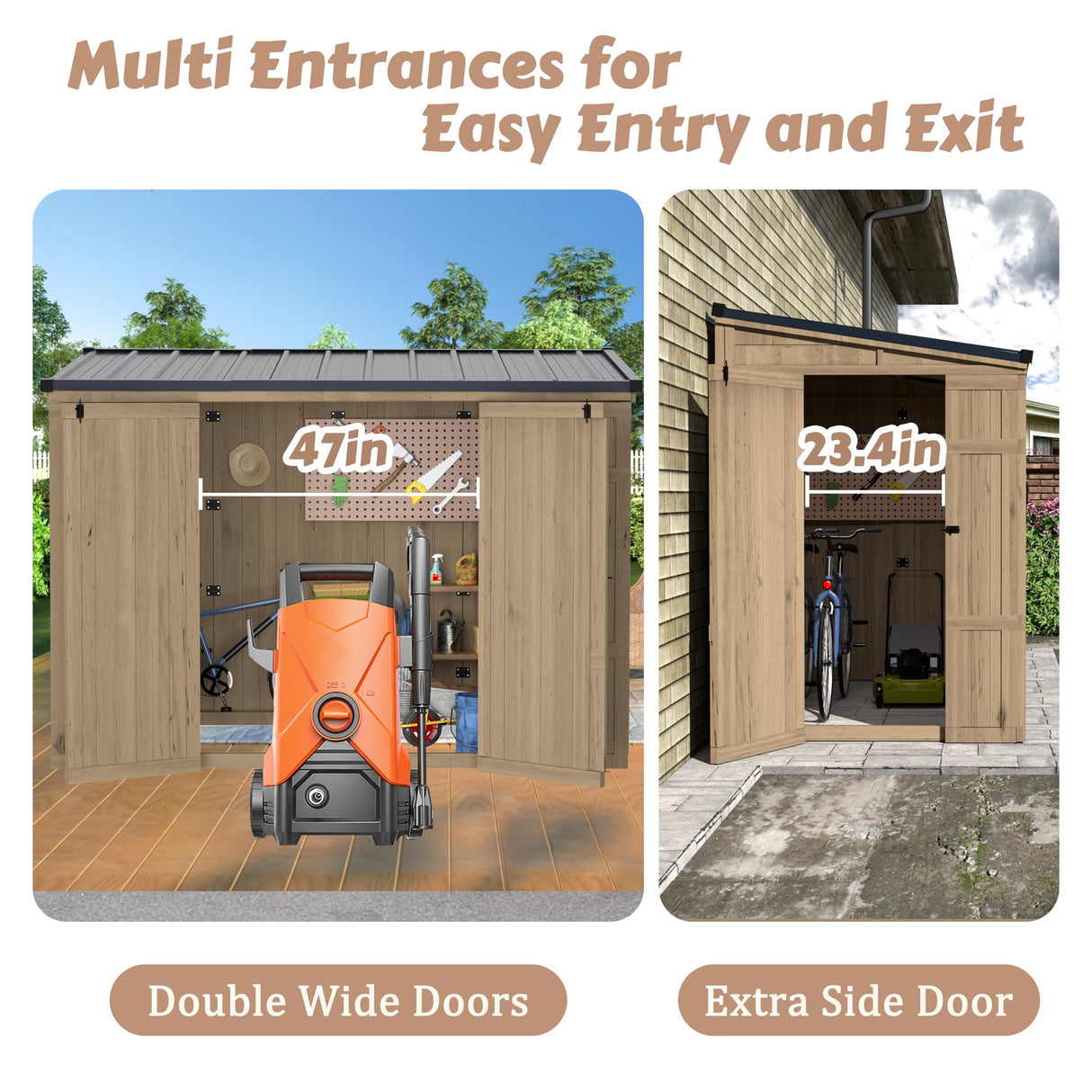 MUPATER 8×4 FT Wooden Storage Shed for Outdoor, Lean-to Shed Kit with Thickened Galvanized Steel Panels, Double Wide Door & Extra Side Door, Wooden Tools Shed with Air Vents for Patio Garden MUPATER