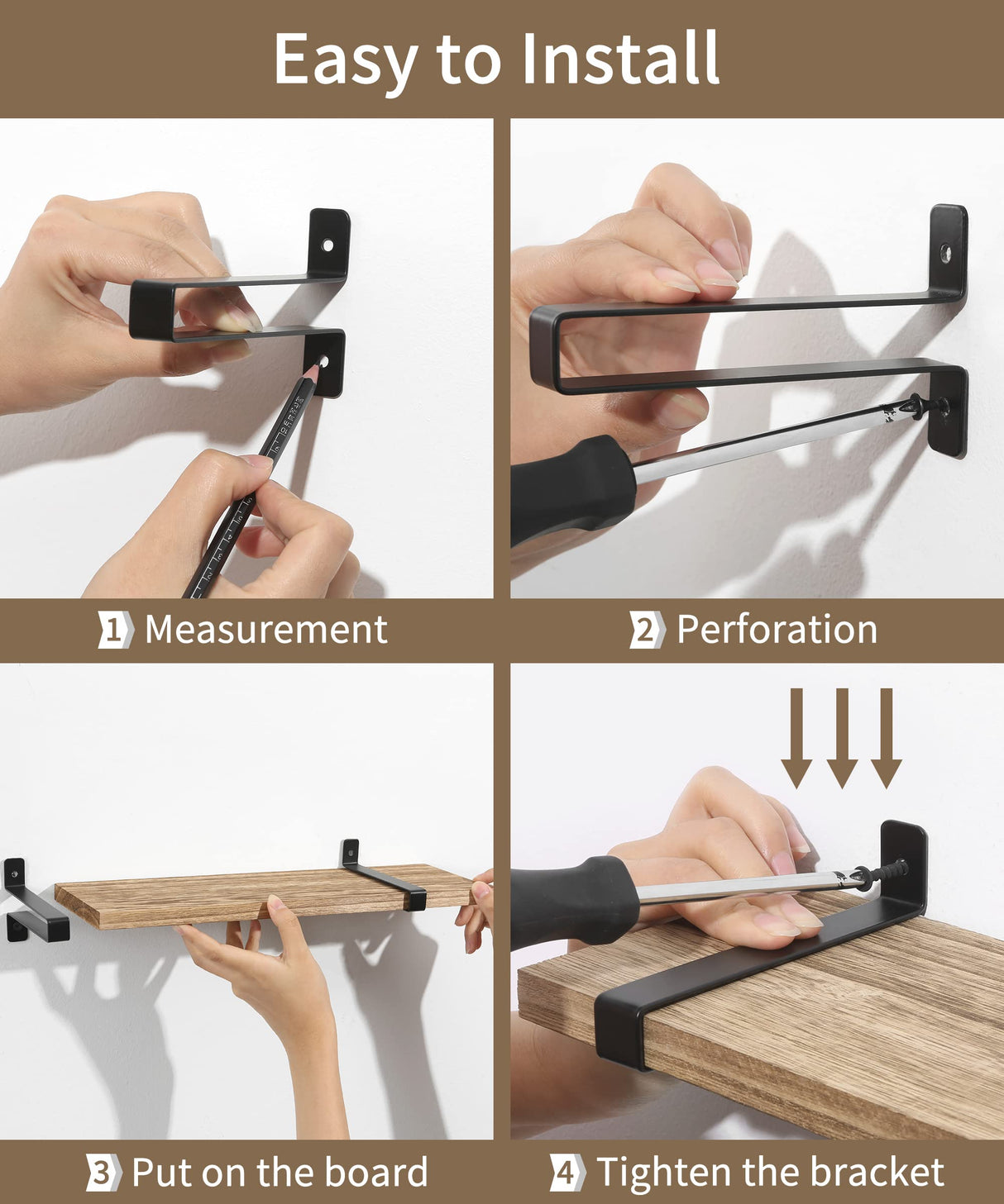 Sapowerntus Wood Floating Shelves Bathroom Wall Mounted, Small Light Rustic Farmhouse Narrow Shelf Storage, Bedroom Living Room Kitchen Office Display Decor with U Metal Brackets Set of 3 Sapowerntus