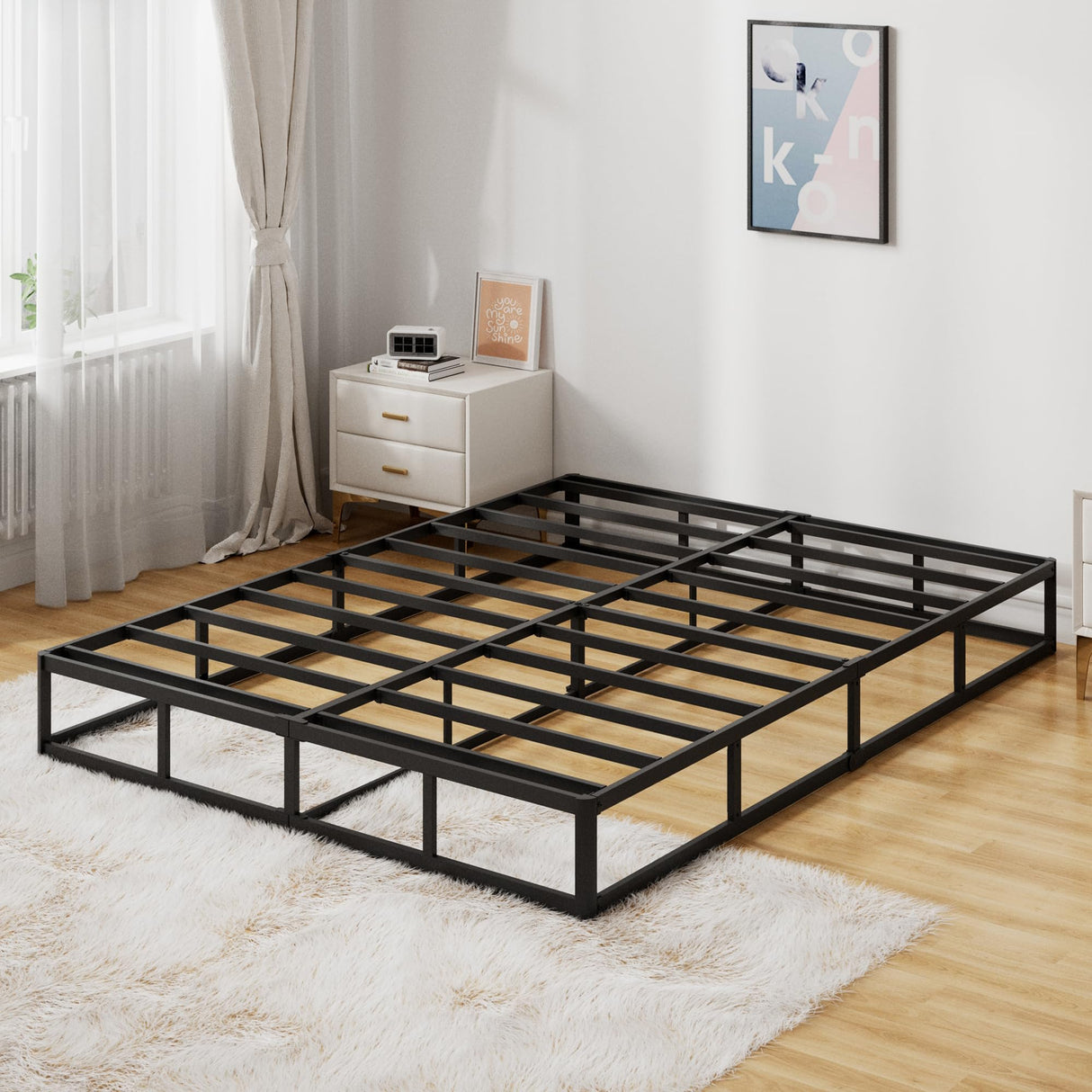 Snaye King Box Spring Bed Base 9 Inch, 3000lbs Heavy Duty Metal Mattress Foundation with Fabric Cover, Tool-Free Easy Assembly, Noise Free Snaye