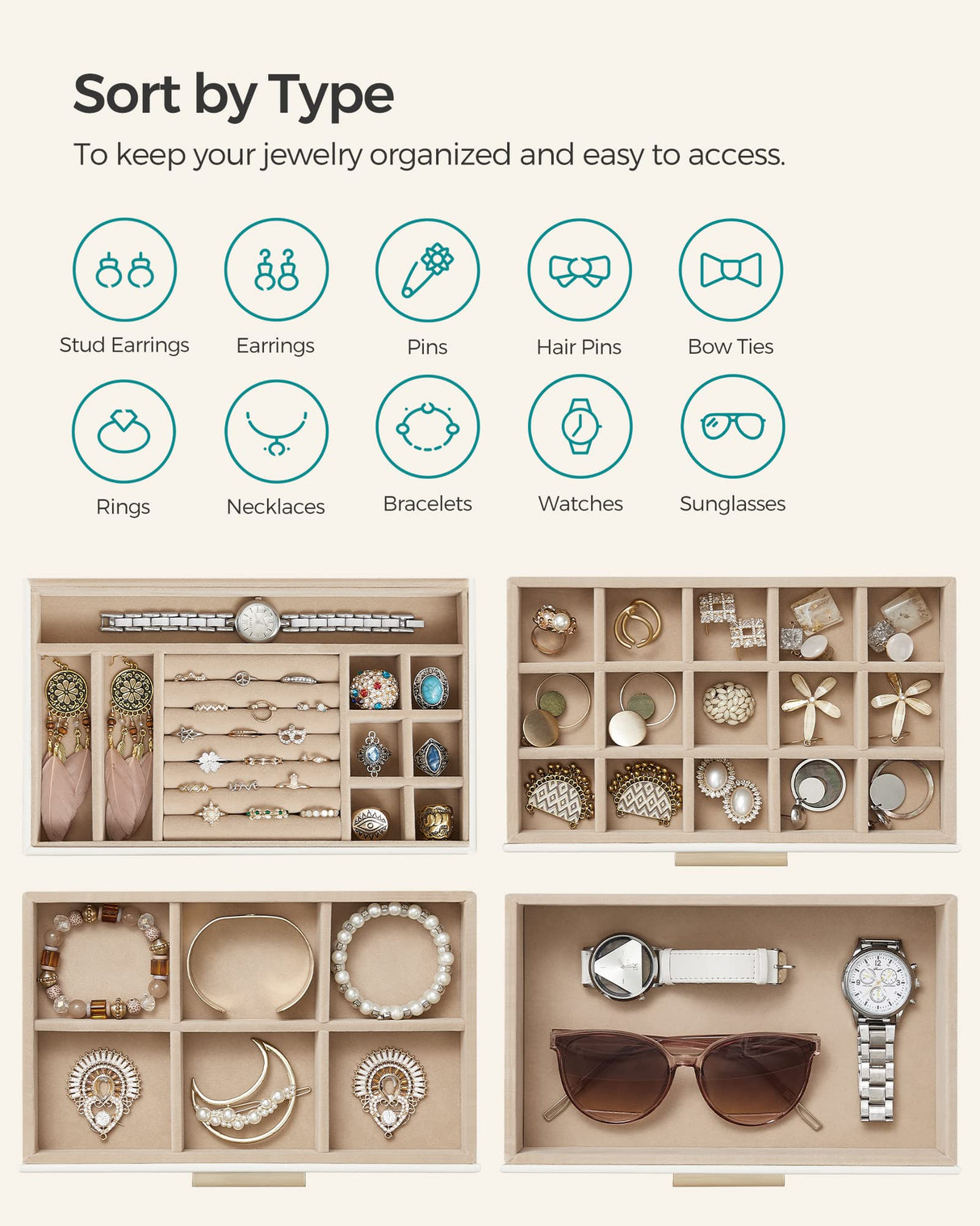 SONGMICS Jewelry Box Organizer with Glass Lid, 4-Layer Jewelry Storage, with 3 Drawers, Modern Style, 6 x 9.9 x 8.5 Inches, Cloud White and Gold Color UJBC161W01 SONGMICS