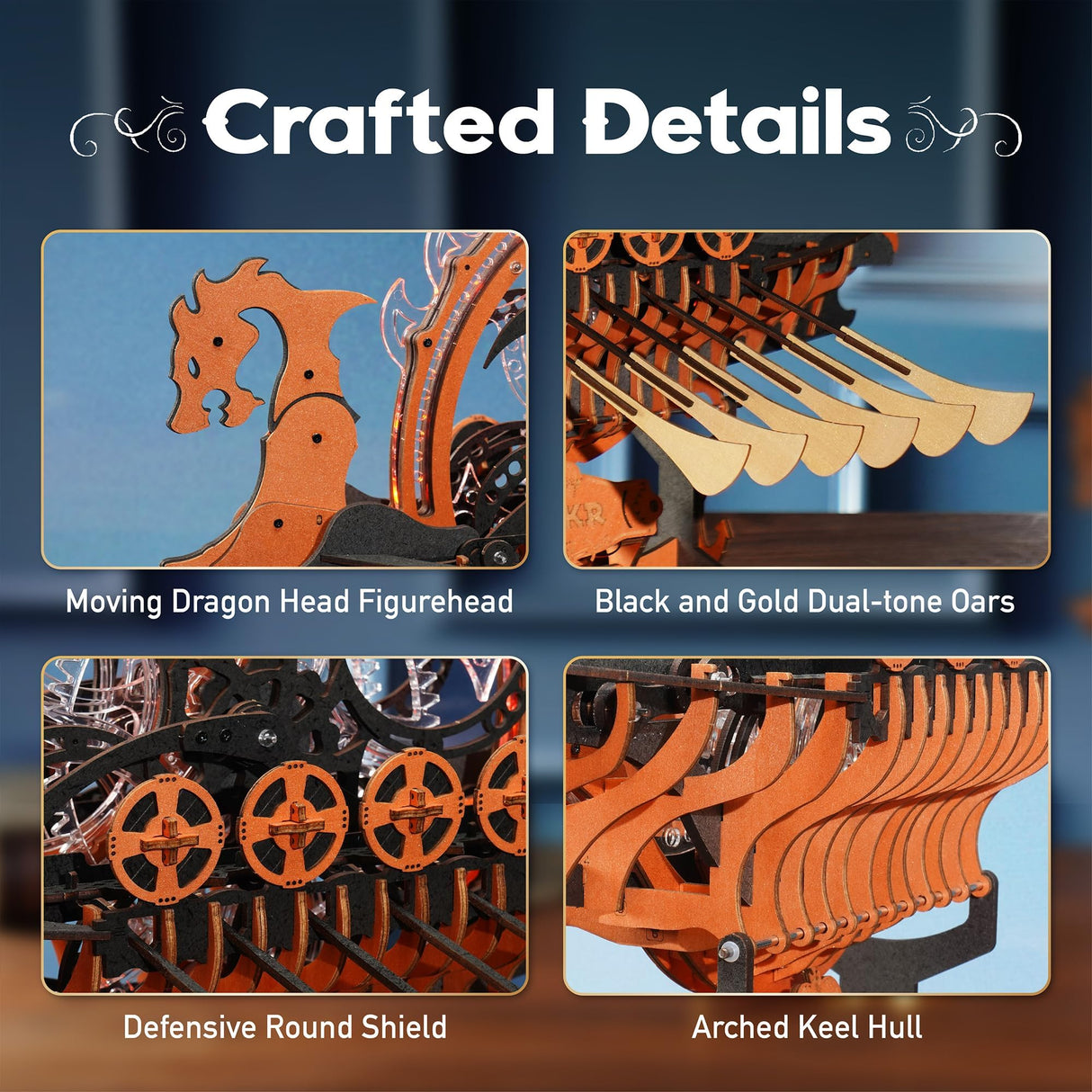 ROKR 3D Wooden Puzzle for Adults, 3-Hour Build, Viking Dragon Ship with LED Lights, Model Kits for Adults to Build, Ideal Gift for Boys and Men ROKR