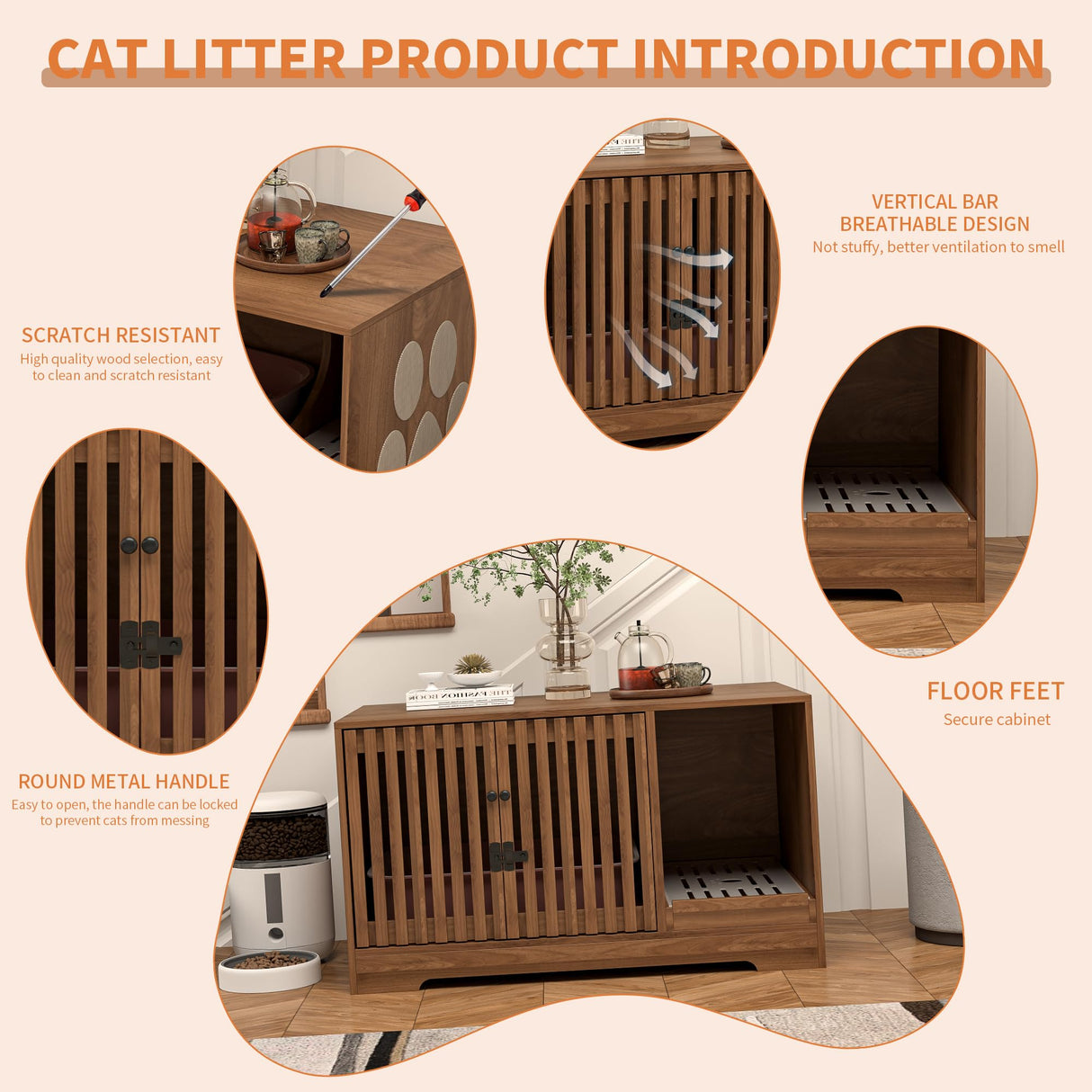 Cat Litter Box Enclosure Furniture, Hidden Litter Box Cabinet with Scratch Pad, Modern Wooden Cat House Washroom End Table for Living Room (Walnut) Athuiline