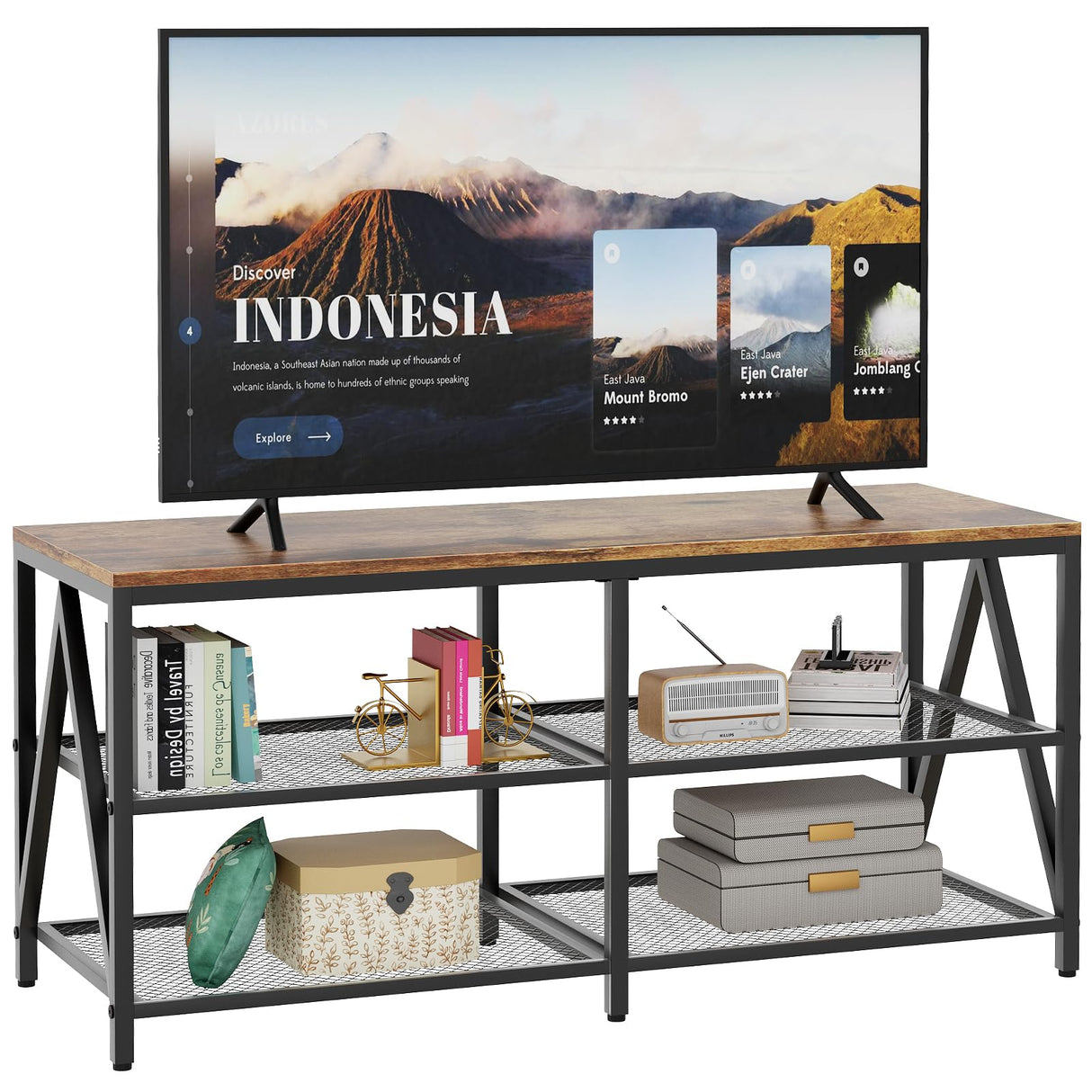 Katrawu TV Stand for TV up to 55 Inch, Long 43" TV Cabinet with 3-Tier Storage Shelves,Entertainment Center TV Console Table for Living Room with Industrial TV Metal Frame, Rustic Brown Katrawu